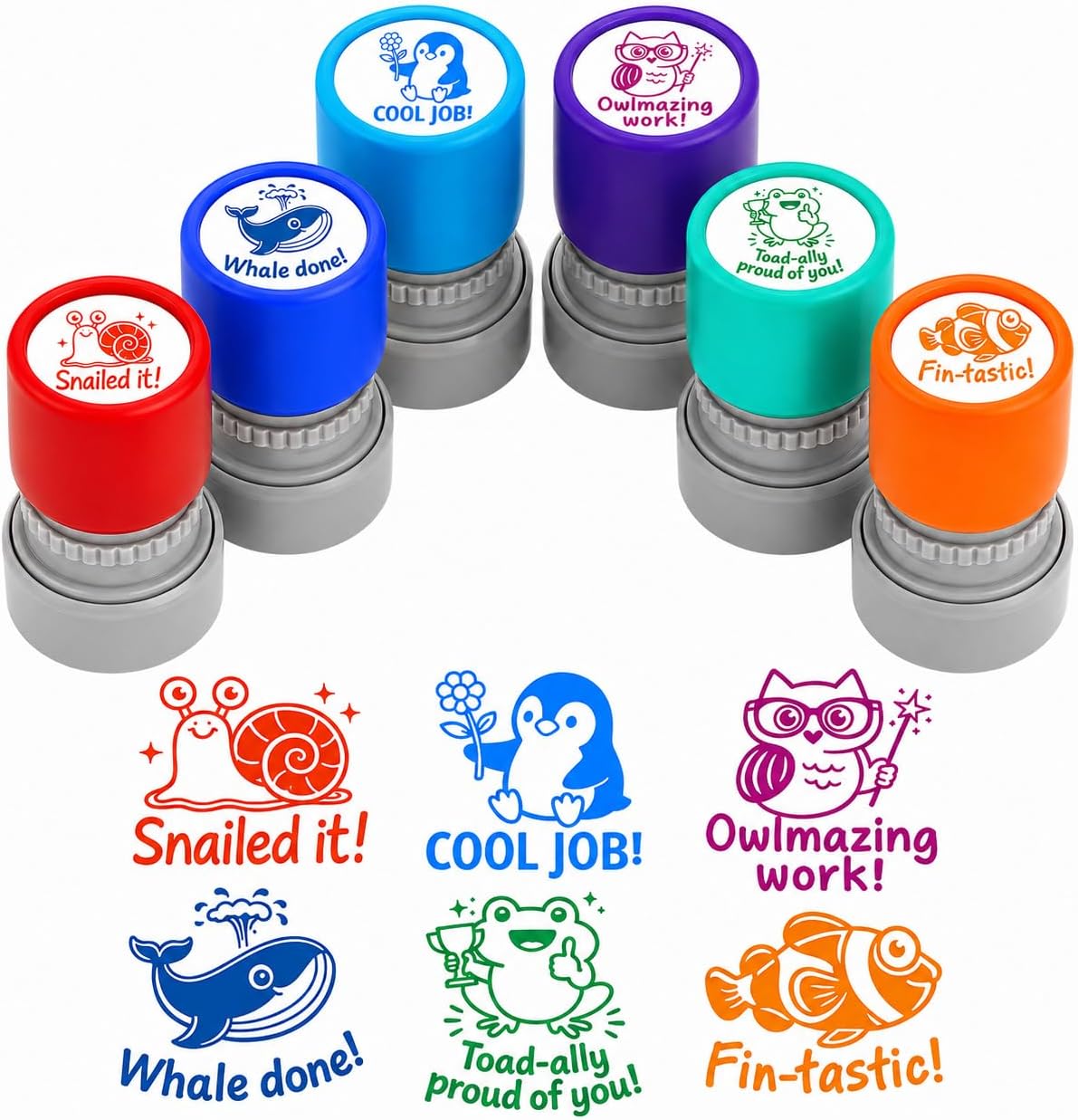 SET DE 6 SELLOS ESCOLARES AUTOTINTABLES CON DISEÑOS DE ANIMALES Y FRASES MOTIVACIONALES - 1