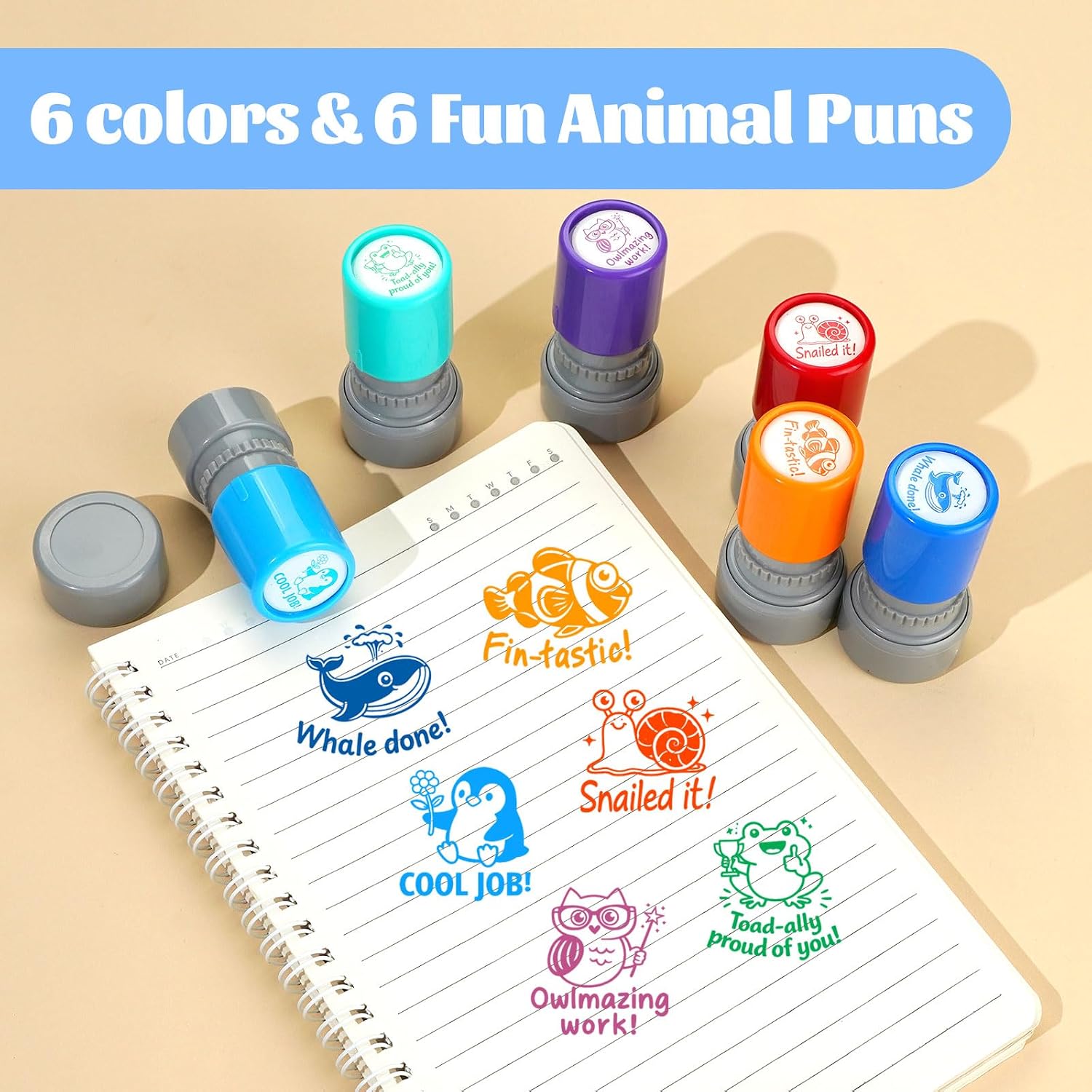 SET DE 6 SELLOS ESCOLARES AUTOTINTABLES CON DISEÑOS DE ANIMALES Y FRASES MOTIVACIONALES - 2