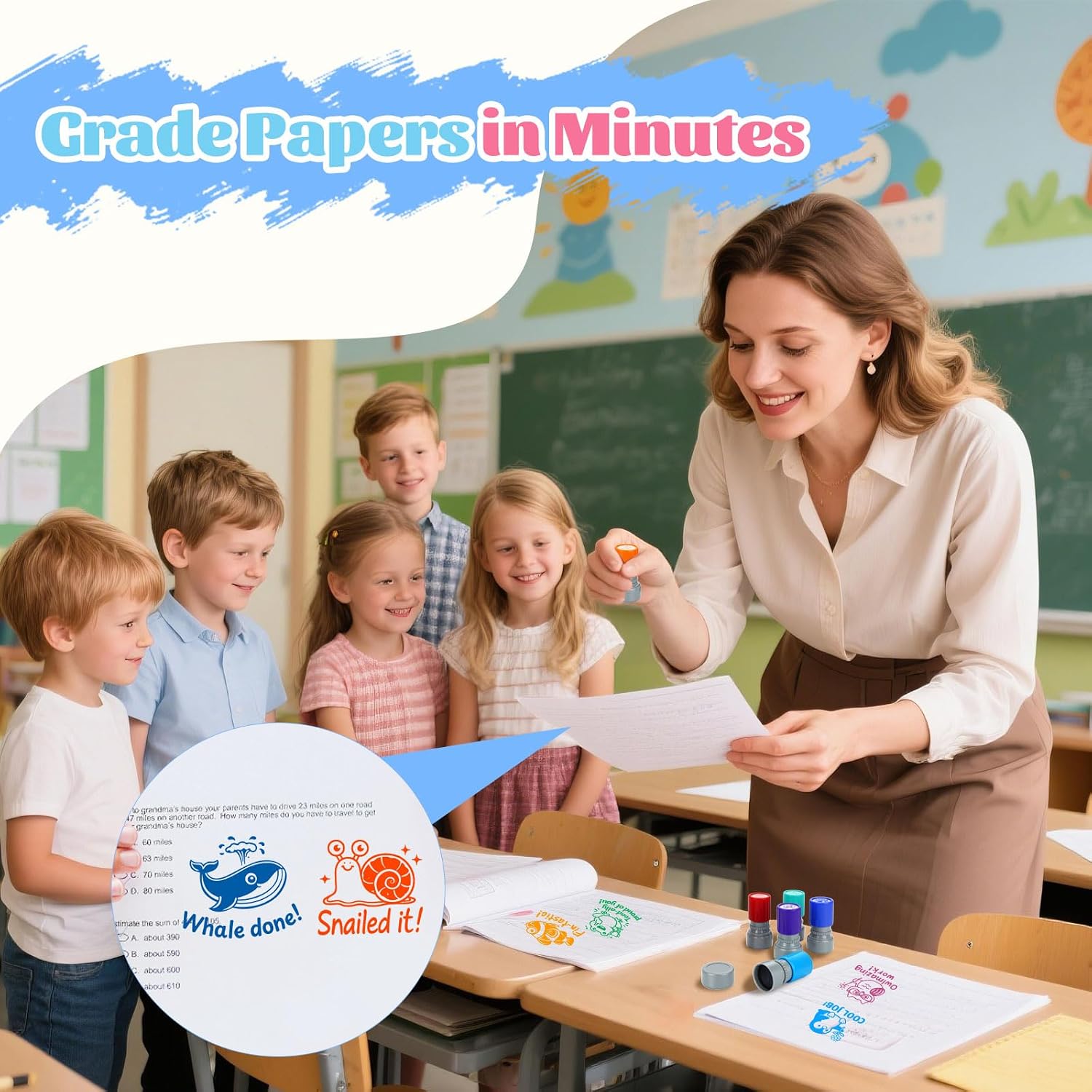 SET DE 6 SELLOS ESCOLARES AUTOTINTABLES CON DISEÑOS DE ANIMALES Y FRASES MOTIVACIONALES - 4