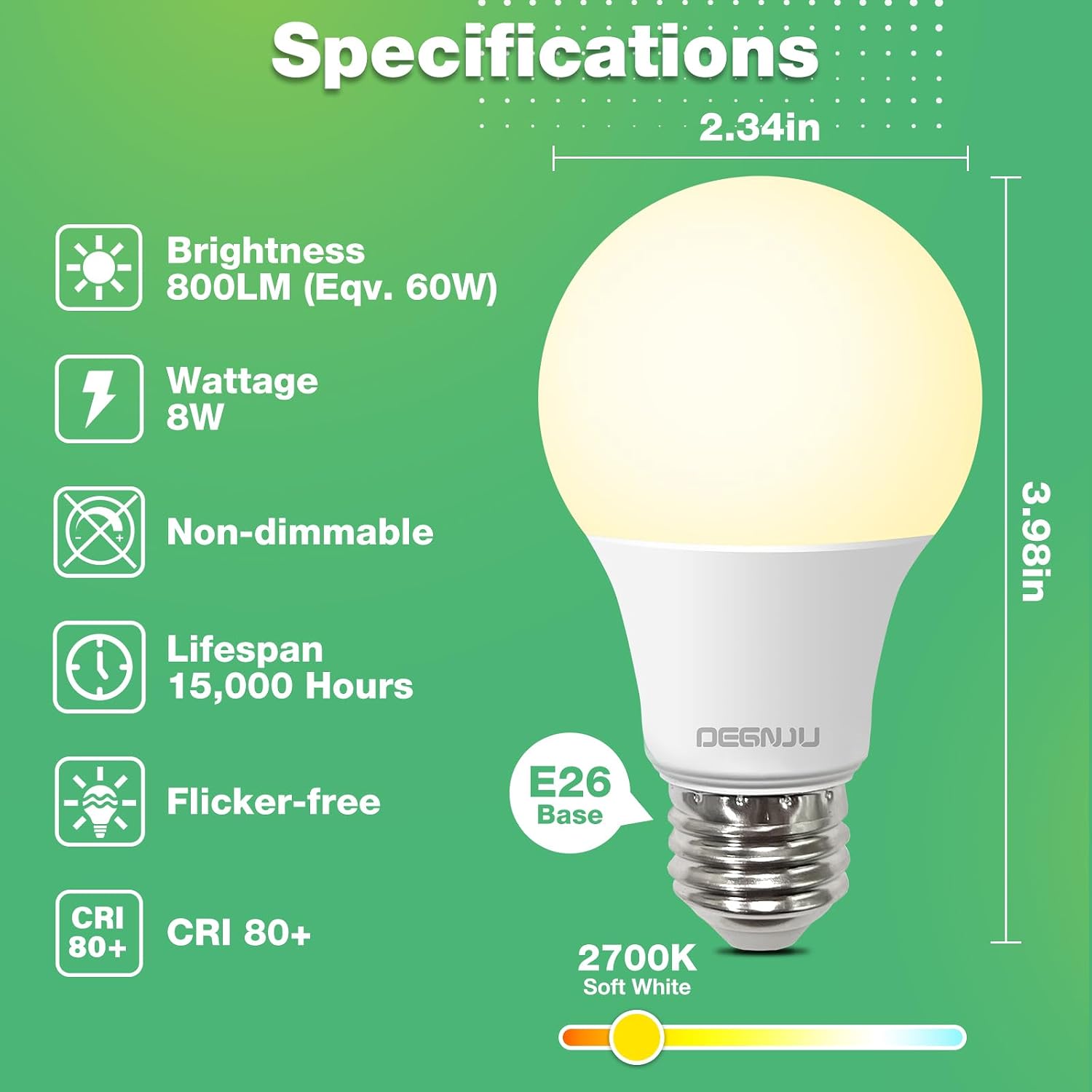 AMPOLLETA LED A19 DEGNJU 8W EQUIVALENTE 60W LUZ BLANCA CÁLIDA 2700K PAQUETE 24 UNIDADES - 2