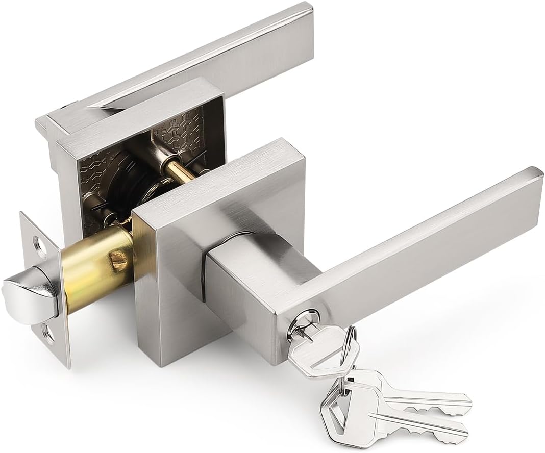 MANIJA PARA PUERTA DE ENTRADA TINEWA CUADRADA CON CERRADURA Y LLAVE NÍQUEL CEPILLADO - 1