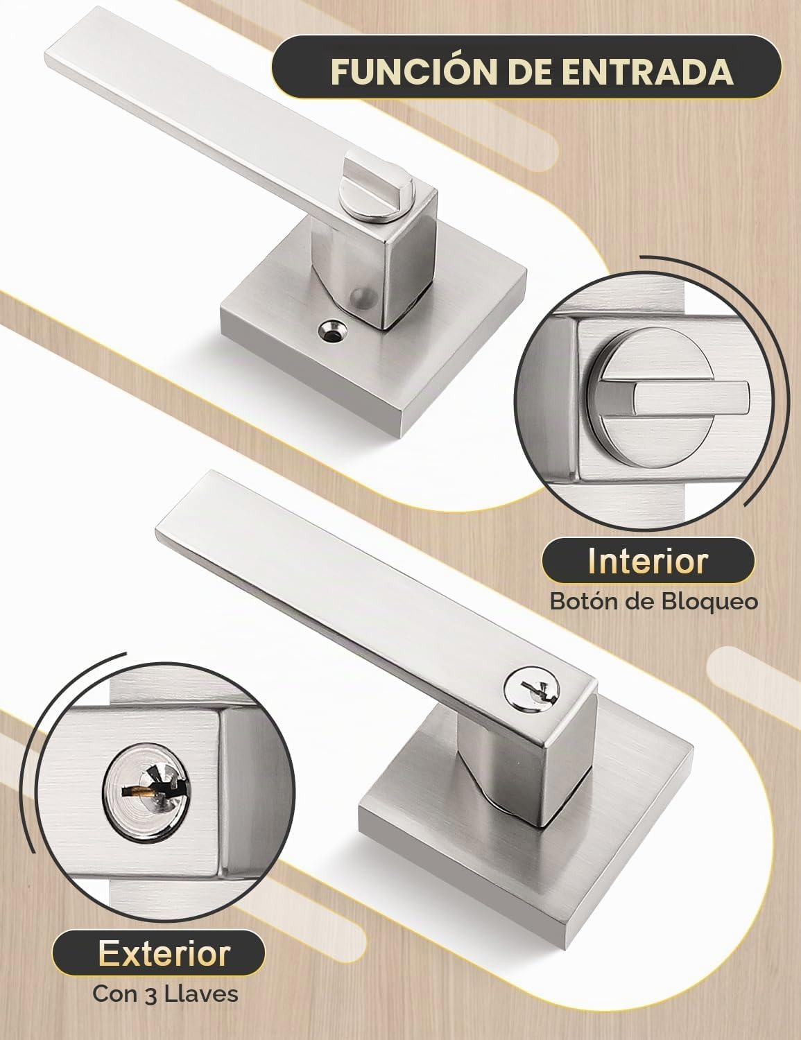 MANIJA PARA PUERTA DE ENTRADA TINEWA CUADRADA CON CERRADURA Y LLAVE NÍQUEL CEPILLADO - 4