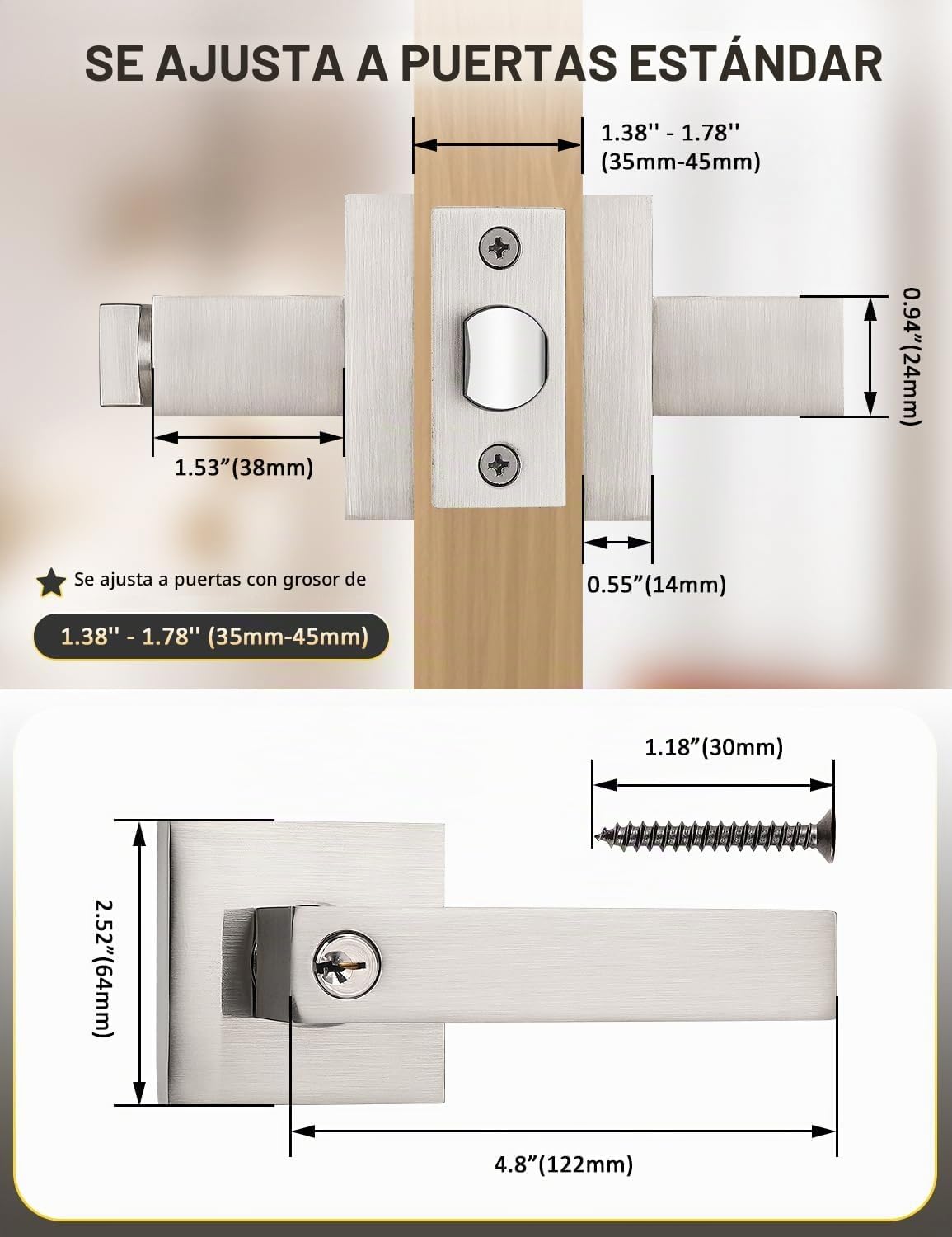 MANIJA PARA PUERTA DE ENTRADA TINEWA CUADRADA CON CERRADURA Y LLAVE NÍQUEL CEPILLADO - 5