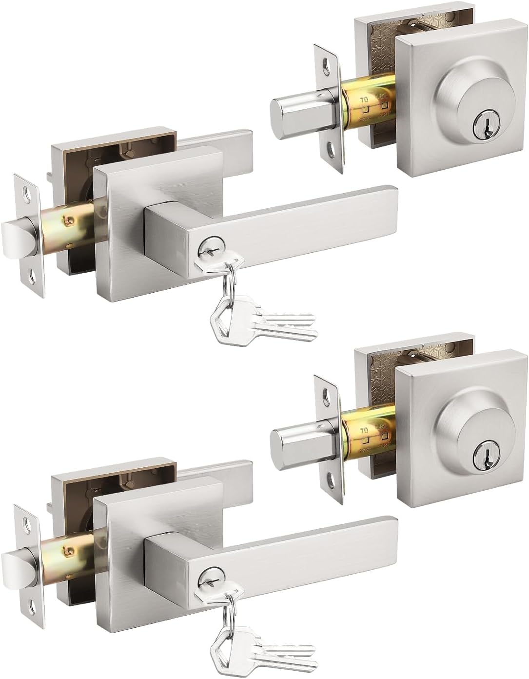 MANIJA PARA PUERTA TINEWA NÍQUEL CEPILLADO CON CERRADURA DE CILINDRO ÚNICO, JUEGO DE 2 UNIDADES - 1