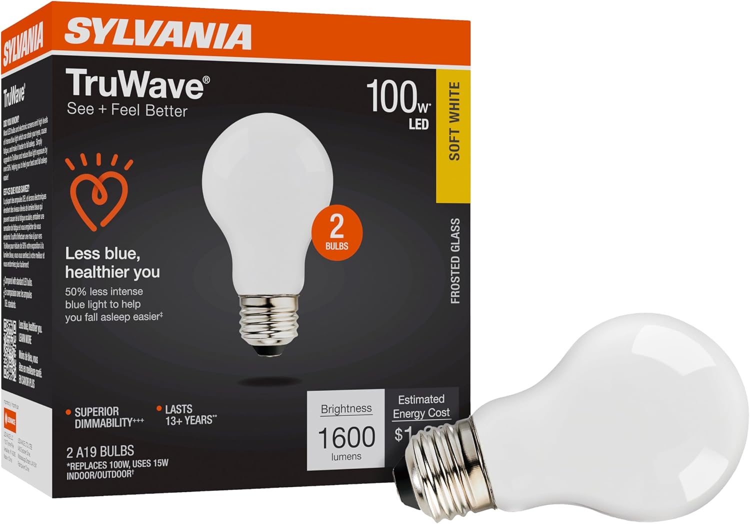 AMPOLLETA LED SYLVANIA TRUWAVE NATURAL SERIES A19 100W EQUIVALENTE 15W BLANCO CÁLIDO PACK 2 - 1