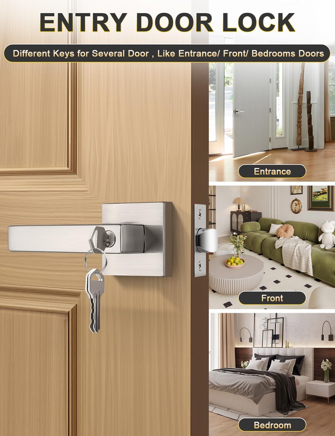 MANIJA PARA PUERTA TINEWA CUADRADA CON CERRADURA Y LLAVE NÍQUEL CEPILLADO PACK 2 UNIDADES - 2