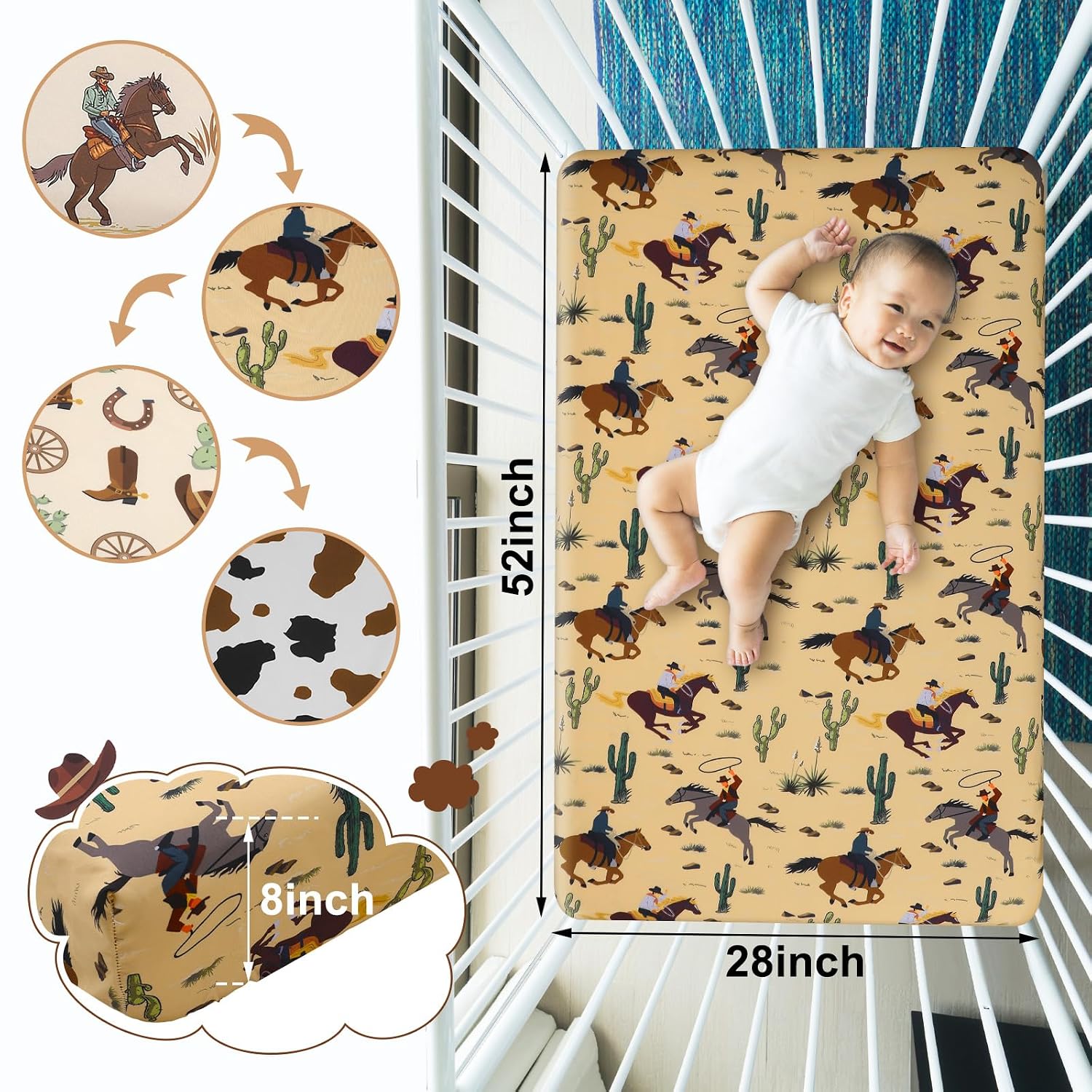 JUEGO DE SÁBANAS PARA CUNA VITALCOZY WESTERN COWBOY 52 X 28 X 8 PULGADAS - 3