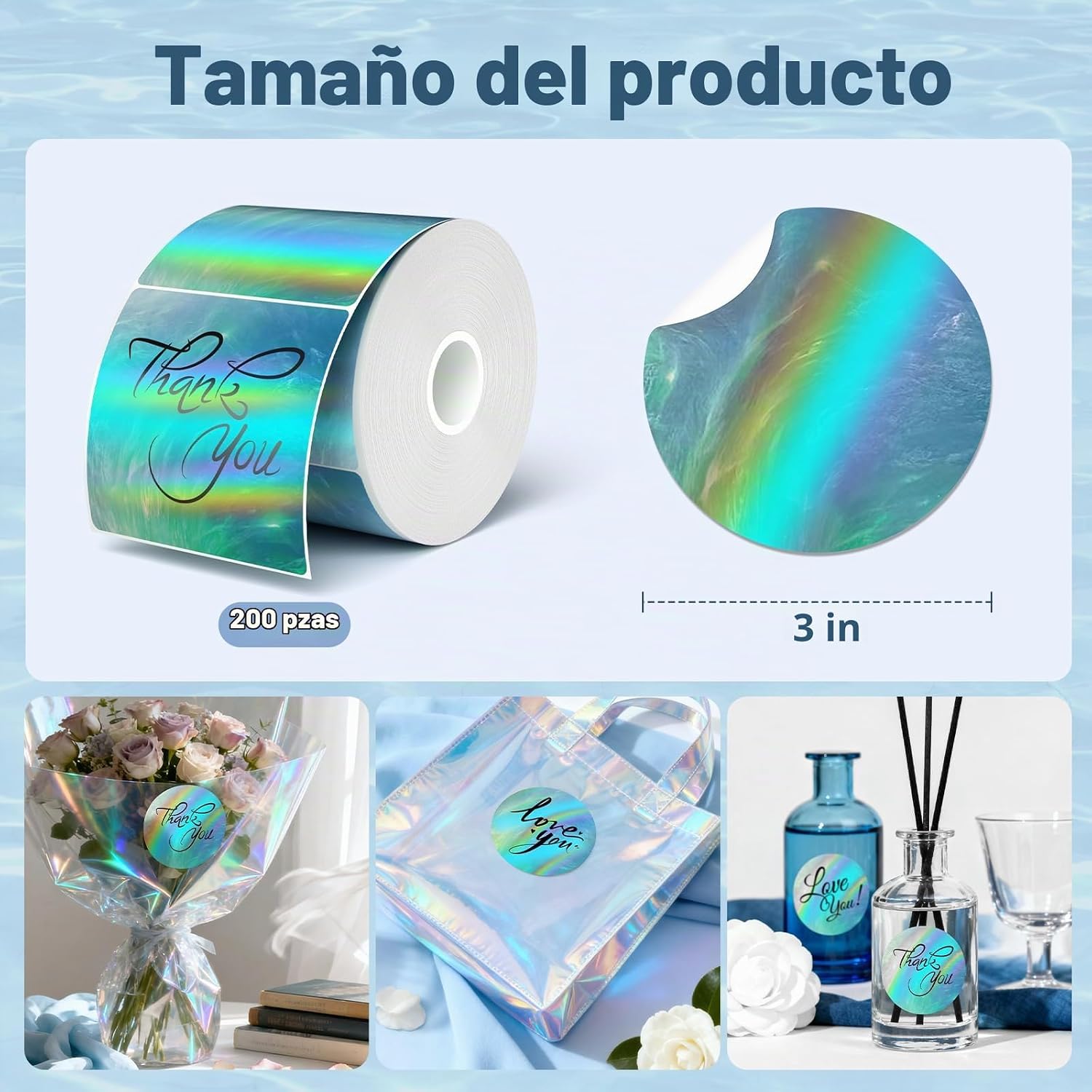 ETIQUETAS TÉRMICAS HOLOGRÁFICAS 3 PULGADAS ONDA ARCOÍRIS AURORA BLUE 200 PIEZAS - 2