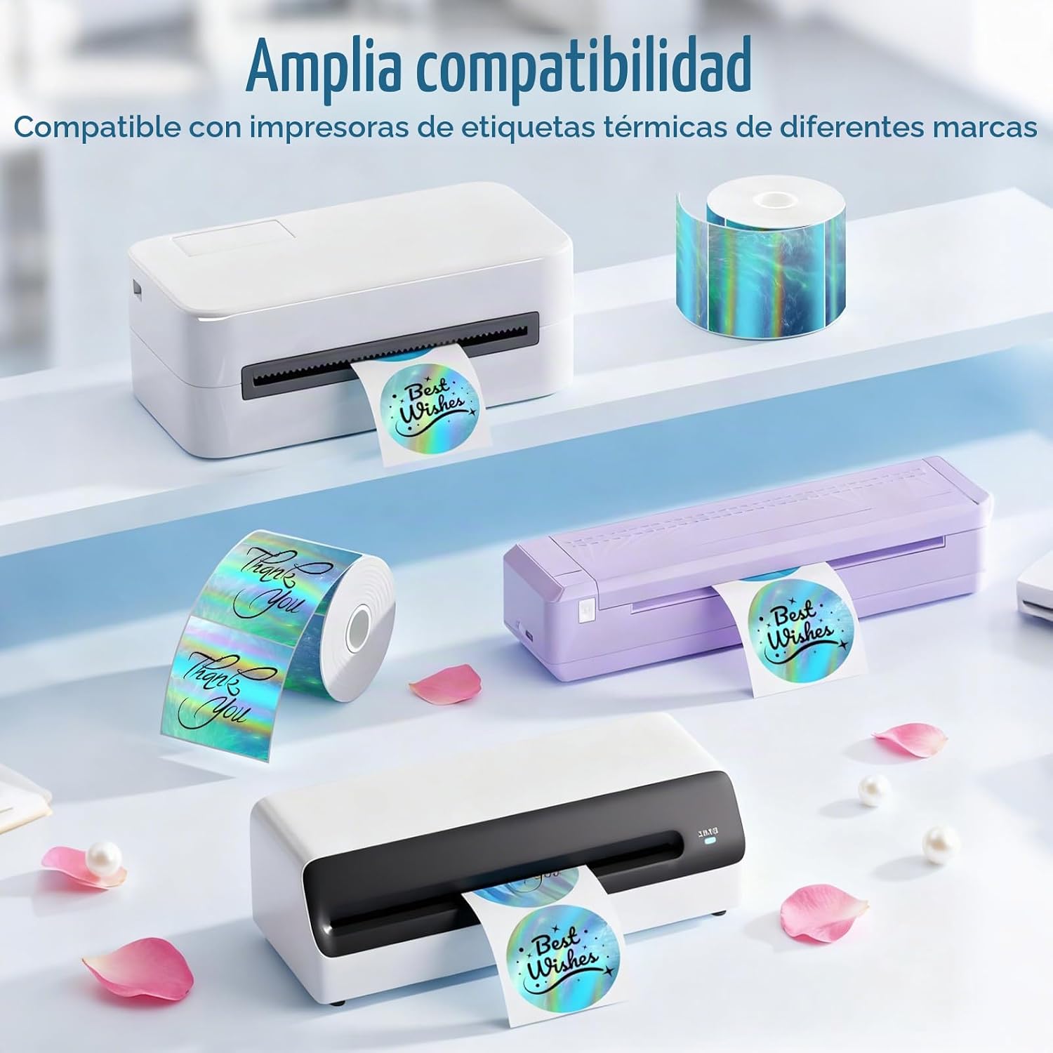 ETIQUETAS TÉRMICAS HOLOGRÁFICAS 3 PULGADAS ONDA ARCOÍRIS AURORA BLUE 200 PIEZAS - 3
