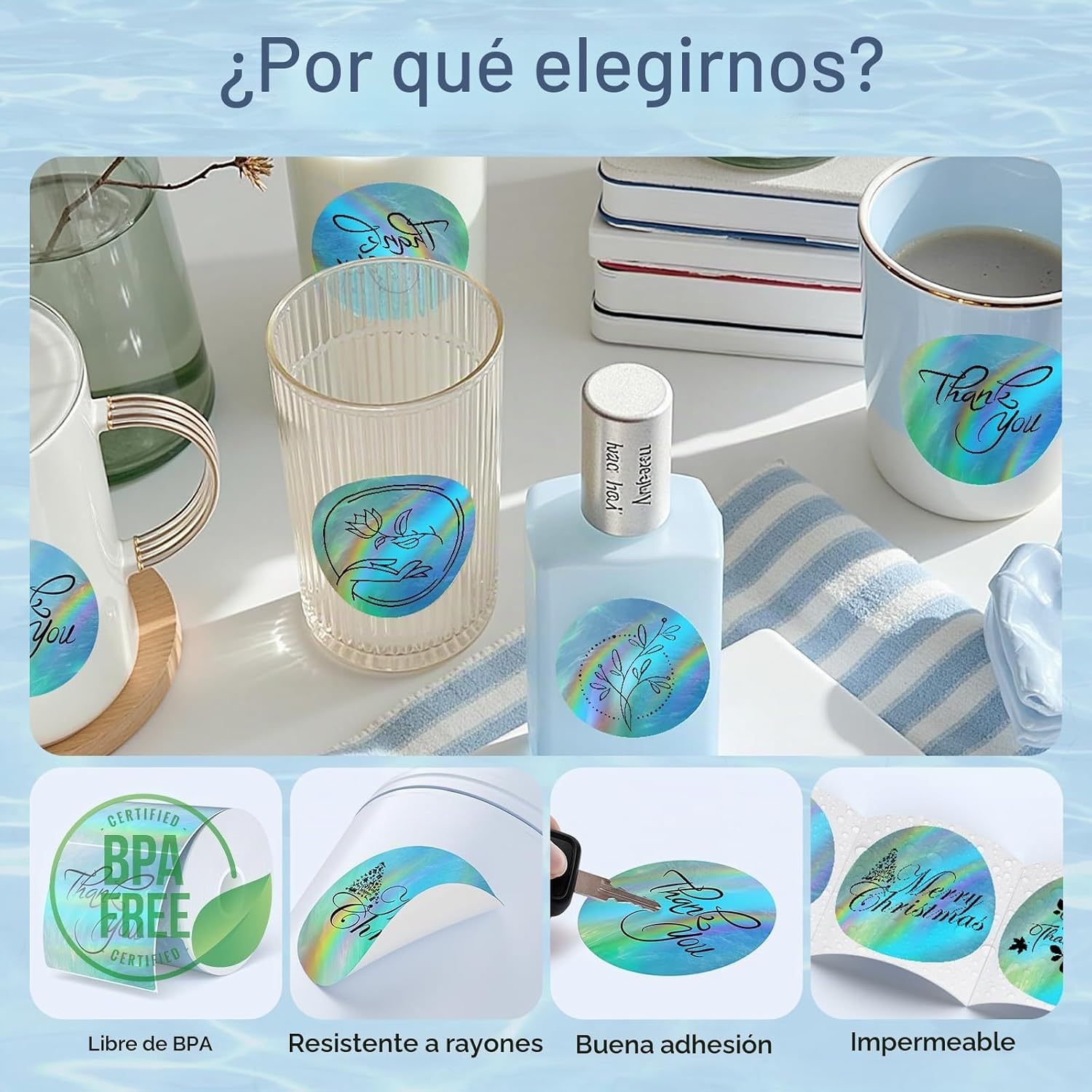 ETIQUETAS TÉRMICAS HOLOGRÁFICAS 3 PULGADAS ONDA ARCOÍRIS AURORA BLUE 200 PIEZAS - 4