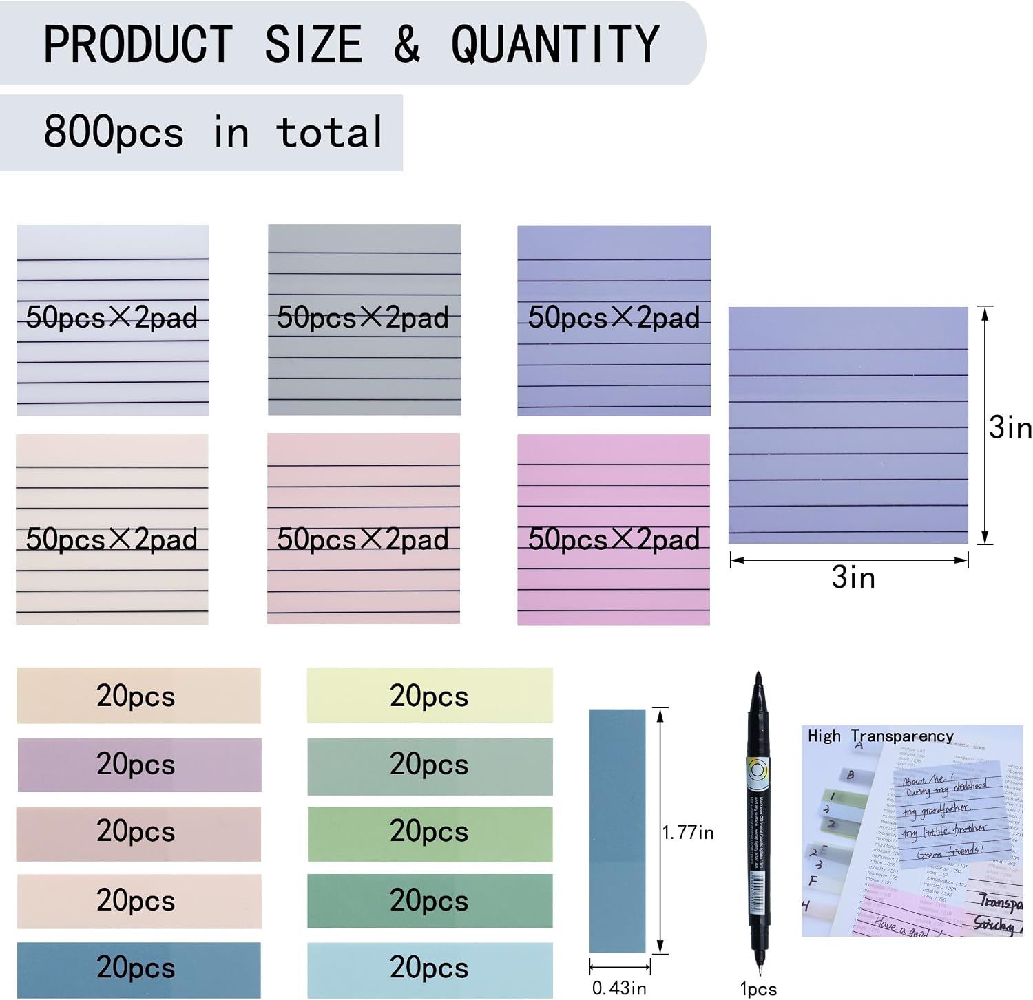 NOTAS ADHESIVAS TRANSPARENTES YOUDEFUL 800 PIEZAS 3X3 PULGADAS CON LÍNEAS - 2