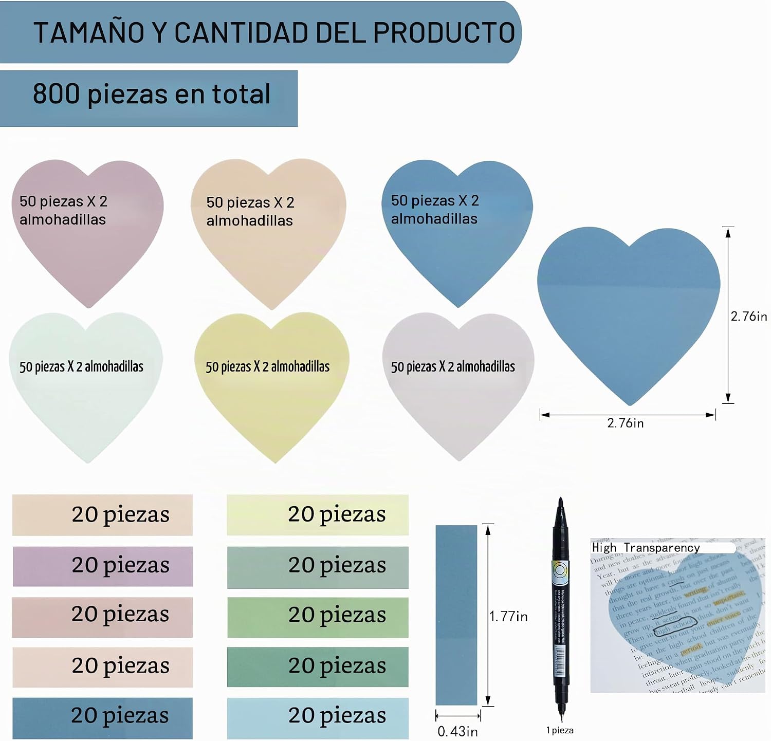 NOTAS ADHESIVAS TRANSPARENTES YOUDEFUL CORAZÓN 800 PIEZAS - 2