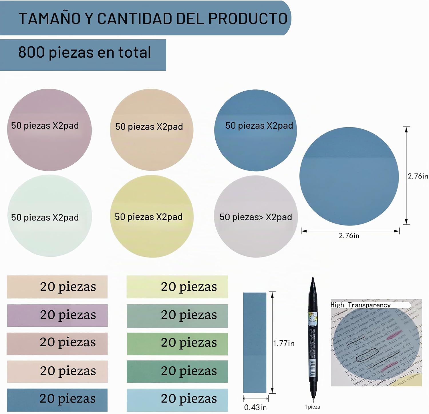 NOTAS ADHESIVAS TRANSPARENTES REDONDAS YOUDEFUL 800 PIEZAS 2.76X2.76 PULGADAS - 2