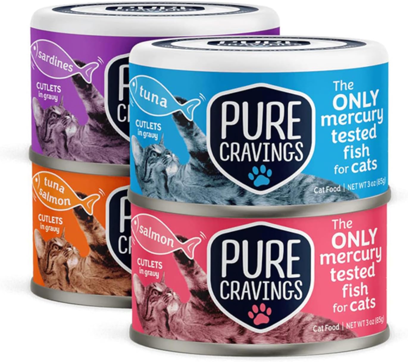 ALIMENTO HÚMEDO PARA GATOS PURE CRAVINGS VARIEDAD ATÚN, SALMÓN Y SARDINAS, PACK 12 LATAS - 1