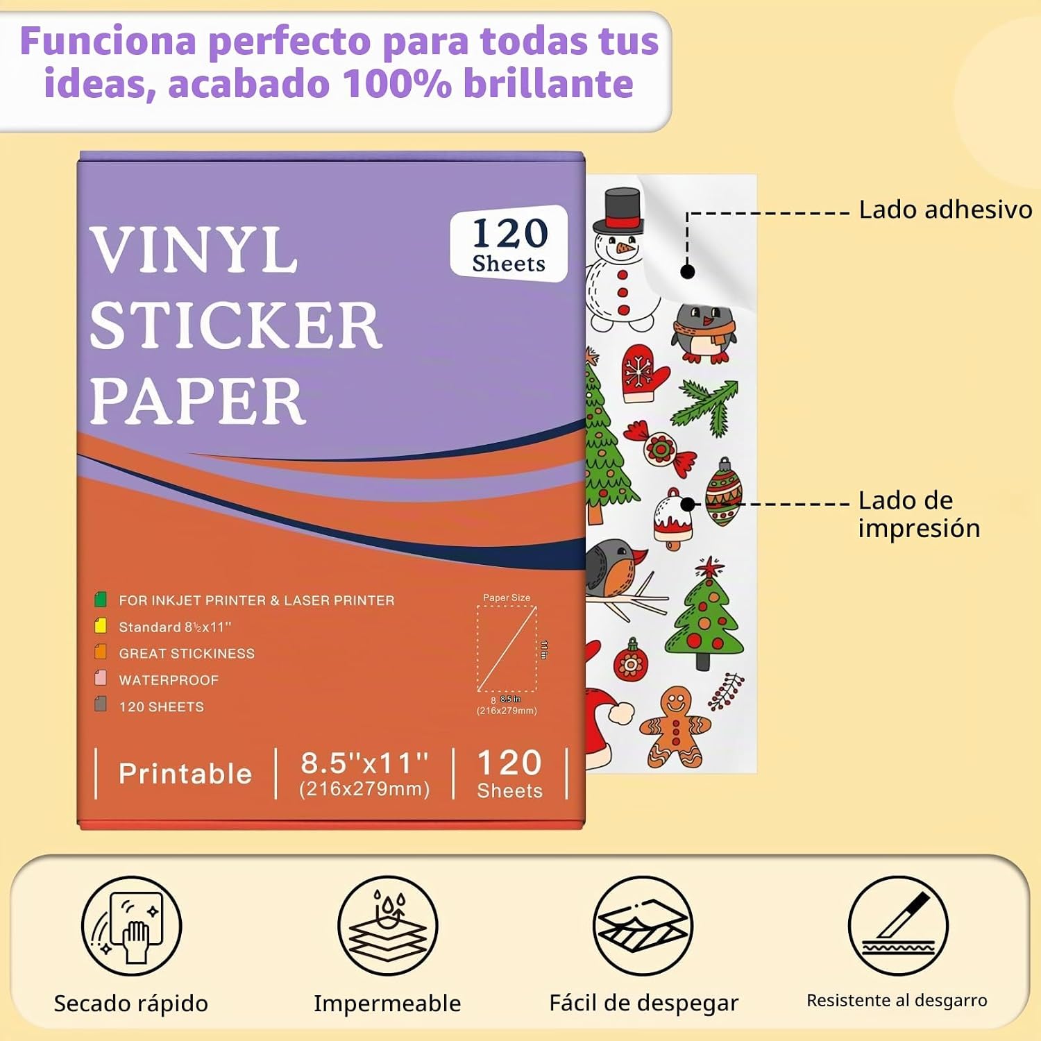 PAPEL ADHESIVO IMPRIMIBLE VEICEVOL PARA IMPRESORAS INKJET, BLANCO BRILLANTE, 120 HOJAS - 3