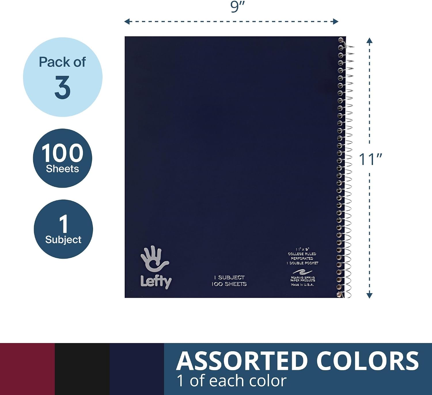 CUADERNO ESPIRAL PARA ZURDOS ROARING SPRING 1 MATERIA 11X9 RAYADO PACK 3 - 3