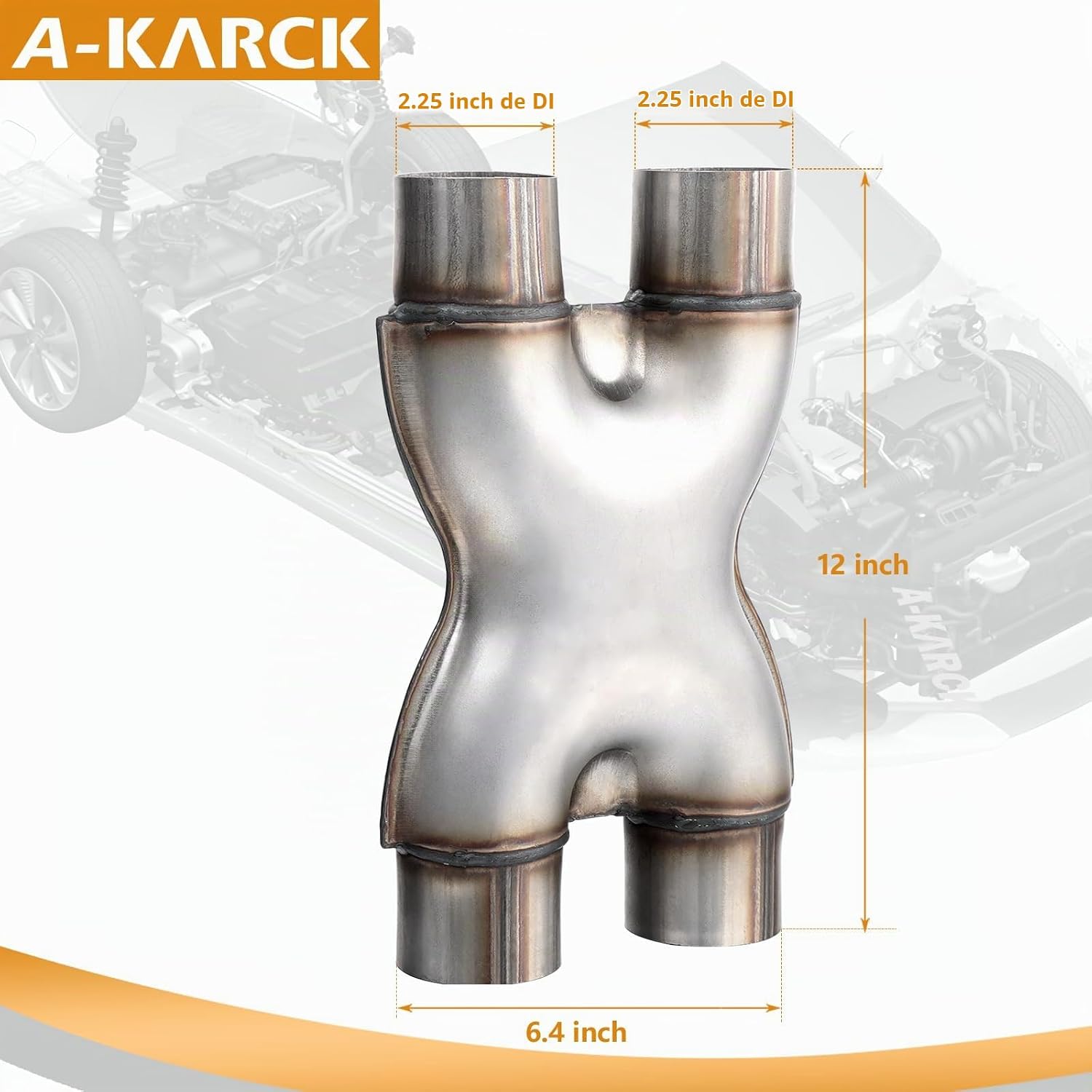 TUBO X DE ESCAPE A-KARCK DUAL 2.25' ENTRADA, 12' LARGO, ACERO INOXIDABLE - 2