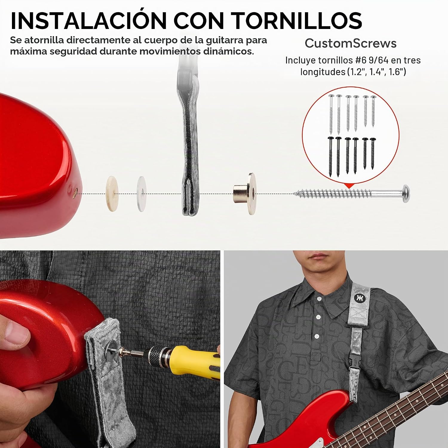 CORREA DE GUITARRA AMUMU SNAPLOCK PRO CON HEBILLA DE LIBERACIÓN RÁPIDA, PLATA - 2