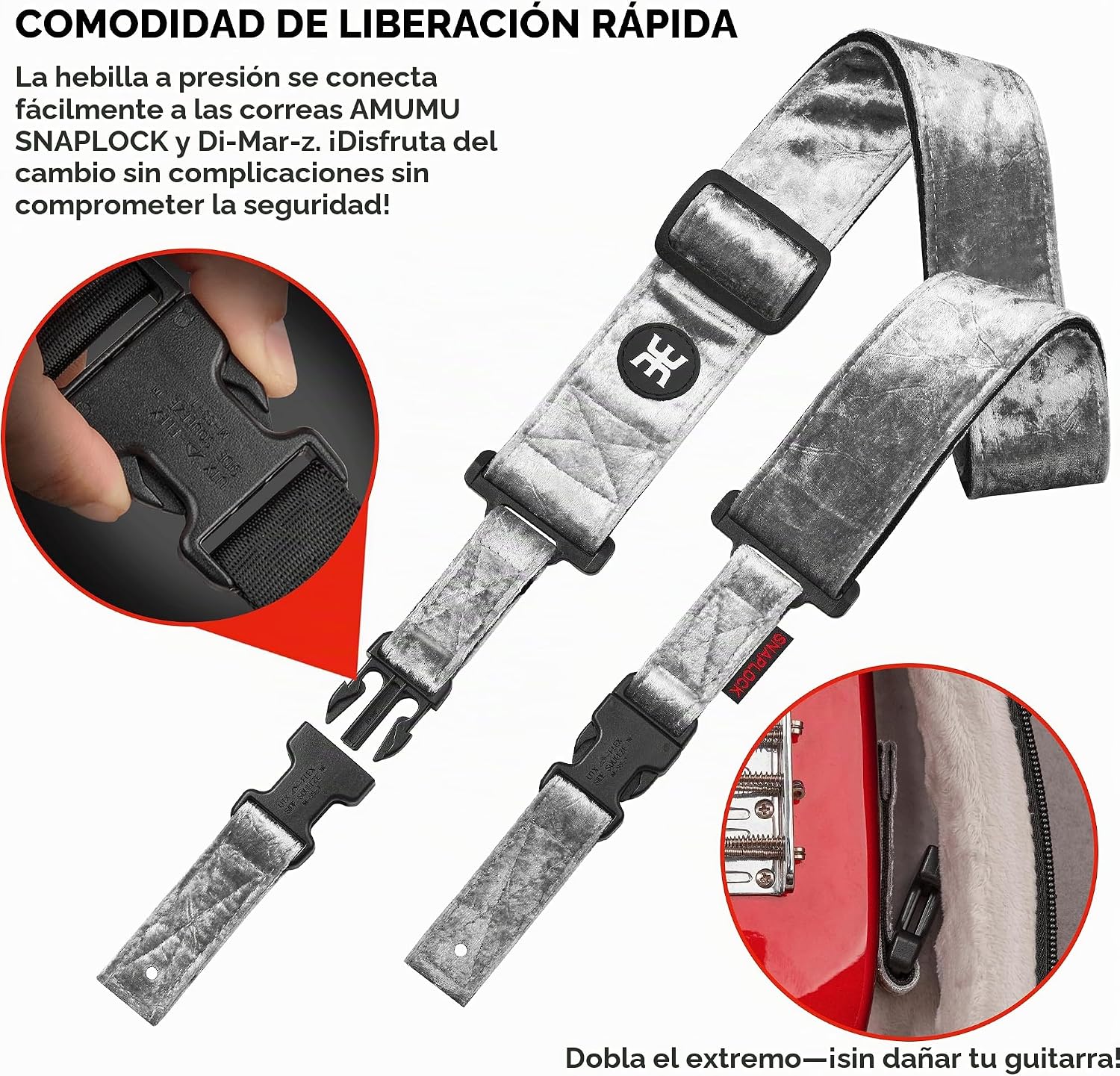 CORREA DE GUITARRA AMUMU SNAPLOCK PRO CON HEBILLA DE LIBERACIÓN RÁPIDA, PLATA - 3