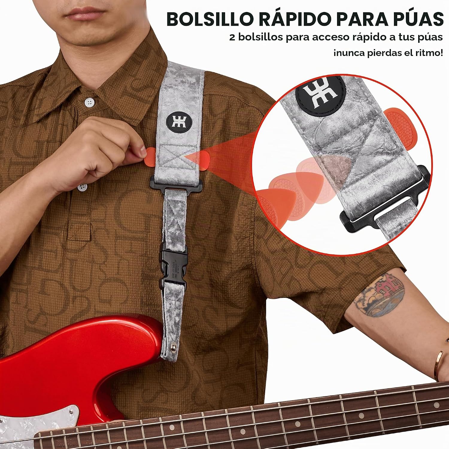 CORREA DE GUITARRA AMUMU SNAPLOCK PRO CON HEBILLA DE LIBERACIÓN RÁPIDA, PLATA - 4