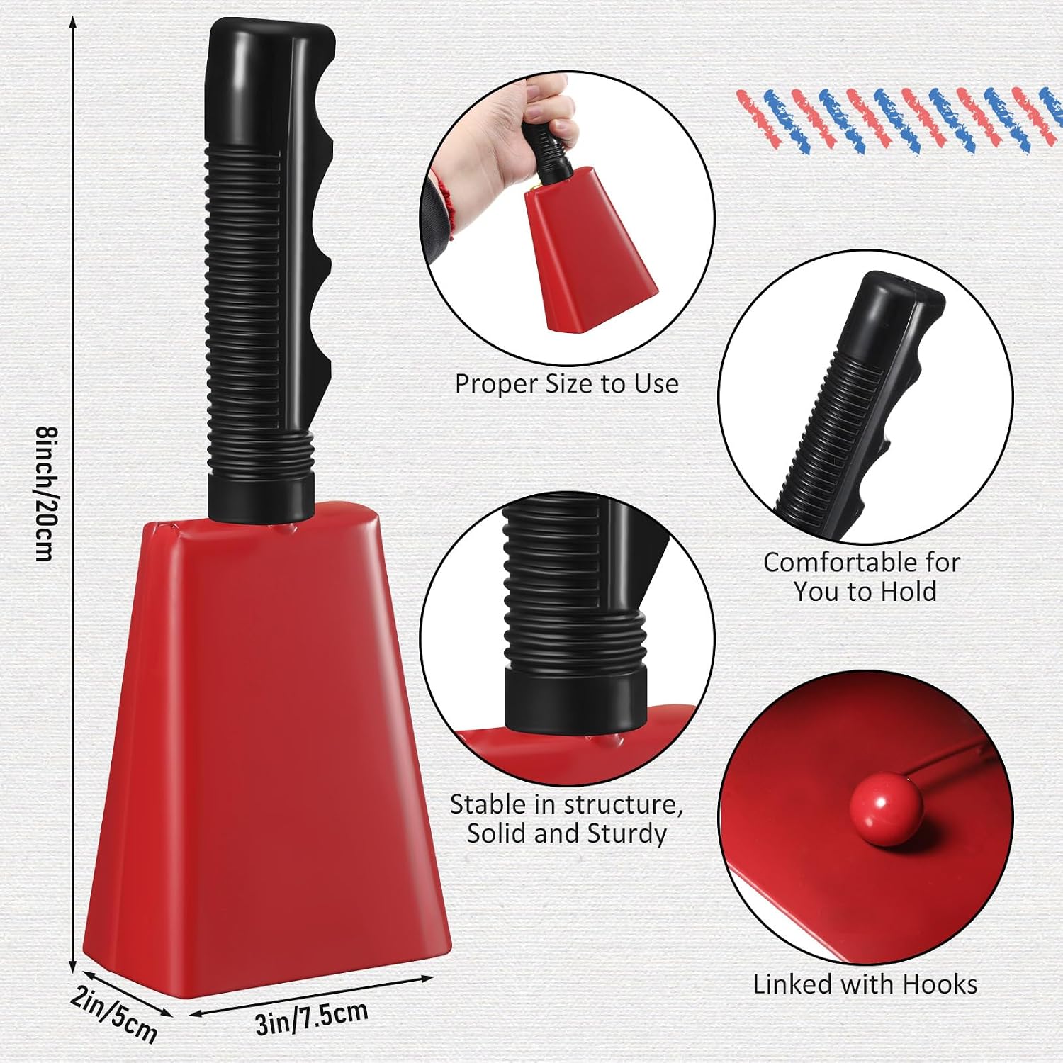 CAMPANA DE VACA 8 PULGADAS FIADA ROJA JUEGO DE 12 PIEZAS CON MANGO - 2