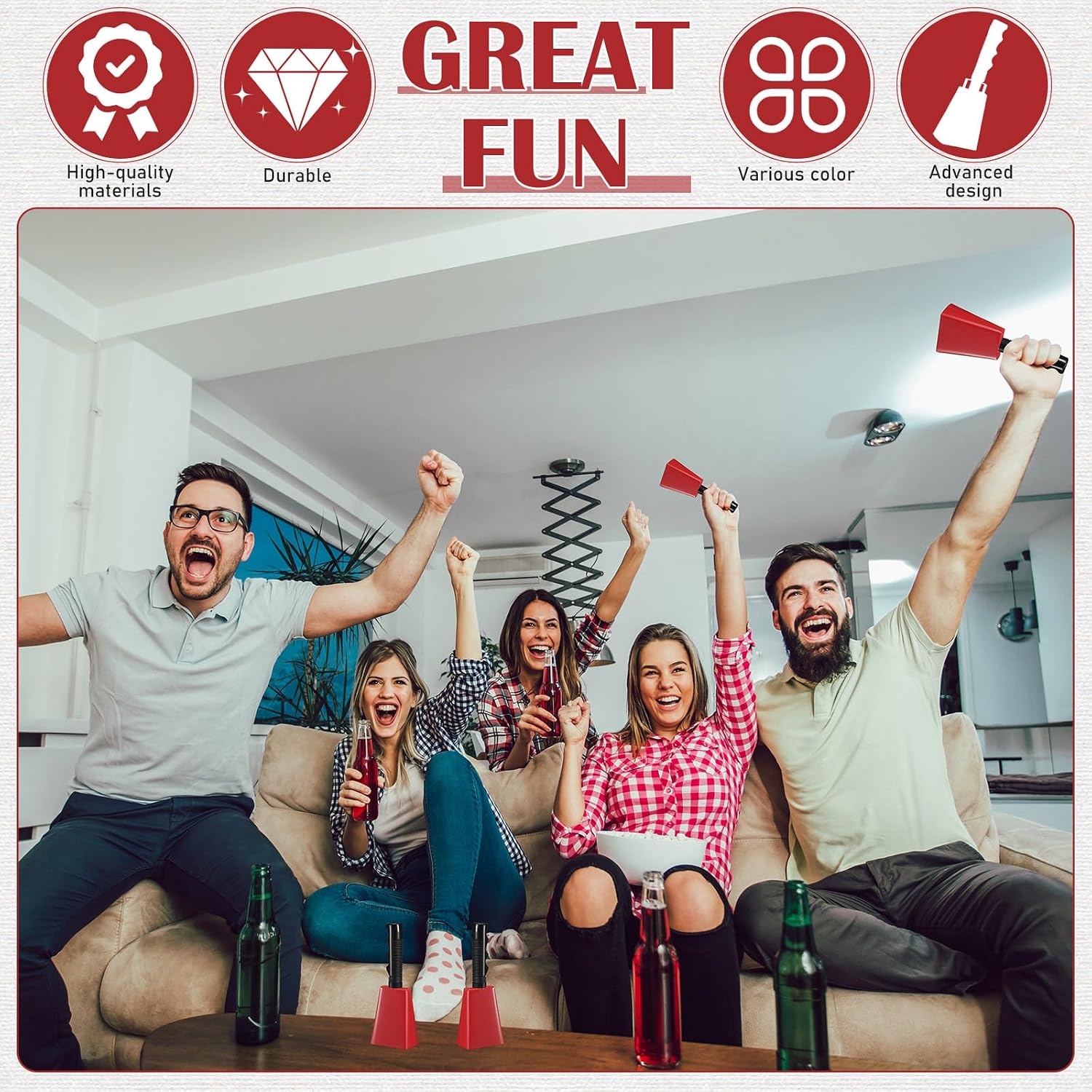 CAMPANA DE VACA 8 PULGADAS FIADA ROJA JUEGO DE 12 PIEZAS CON MANGO - 3