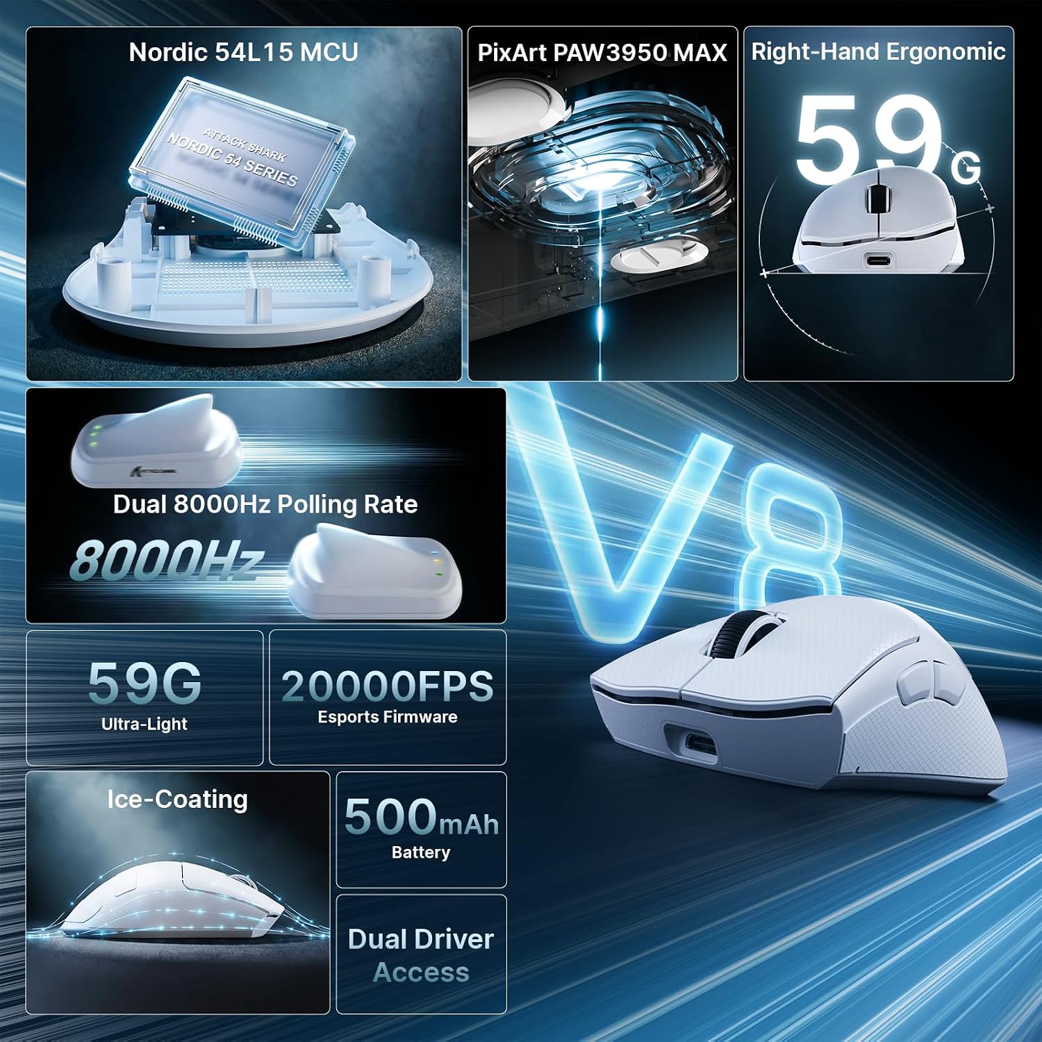 MOUSE GAMER ATTACK SHARK V8 8K INALÁMBRICO 42000 DPI BLANCO - 2