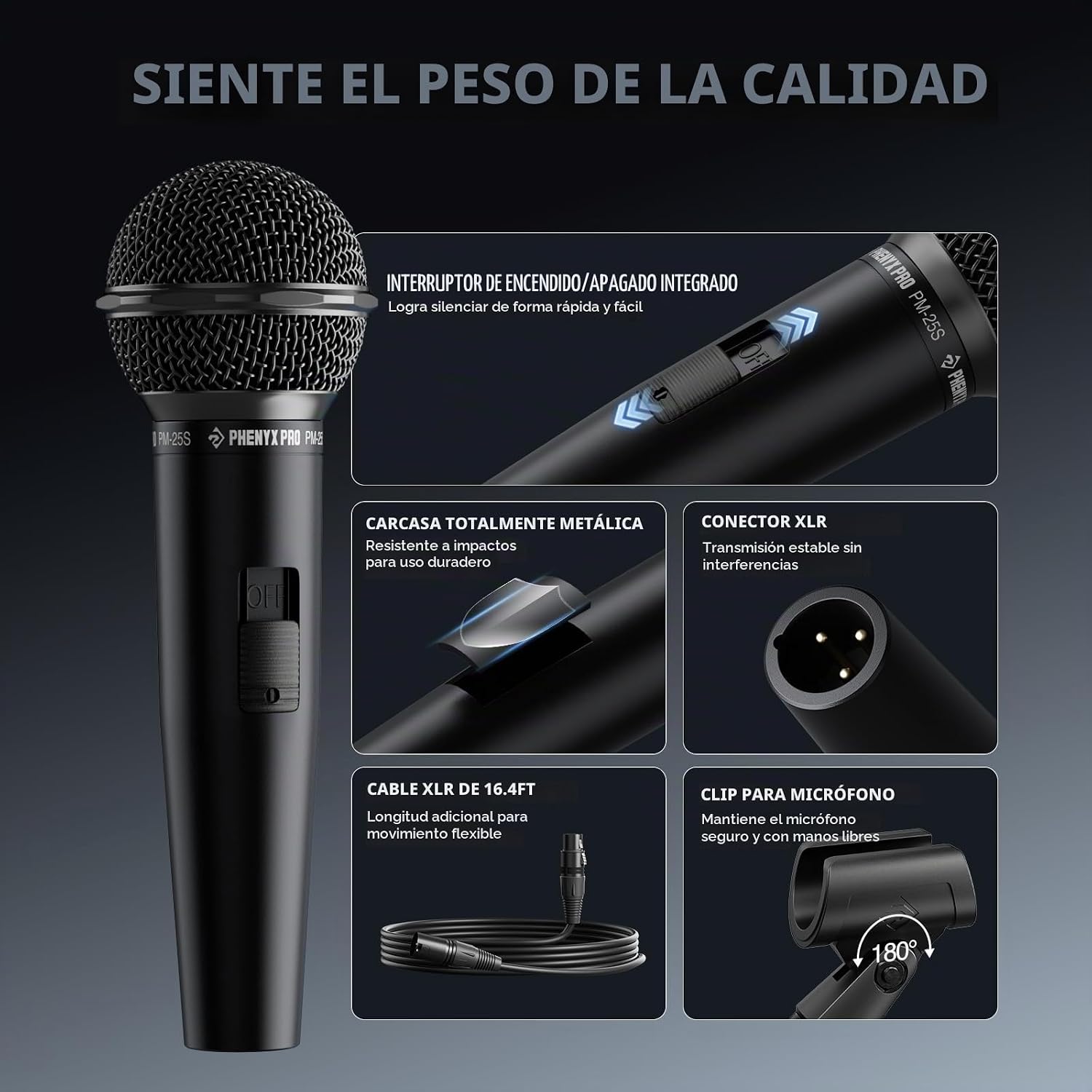 MICRÓFONO DINÁMICO CARDIOIDE PHENYX PRO PM-25S CON CABLE XLR Y INTERRUPTOR DE ENCENDIDO/APAGADO - 5