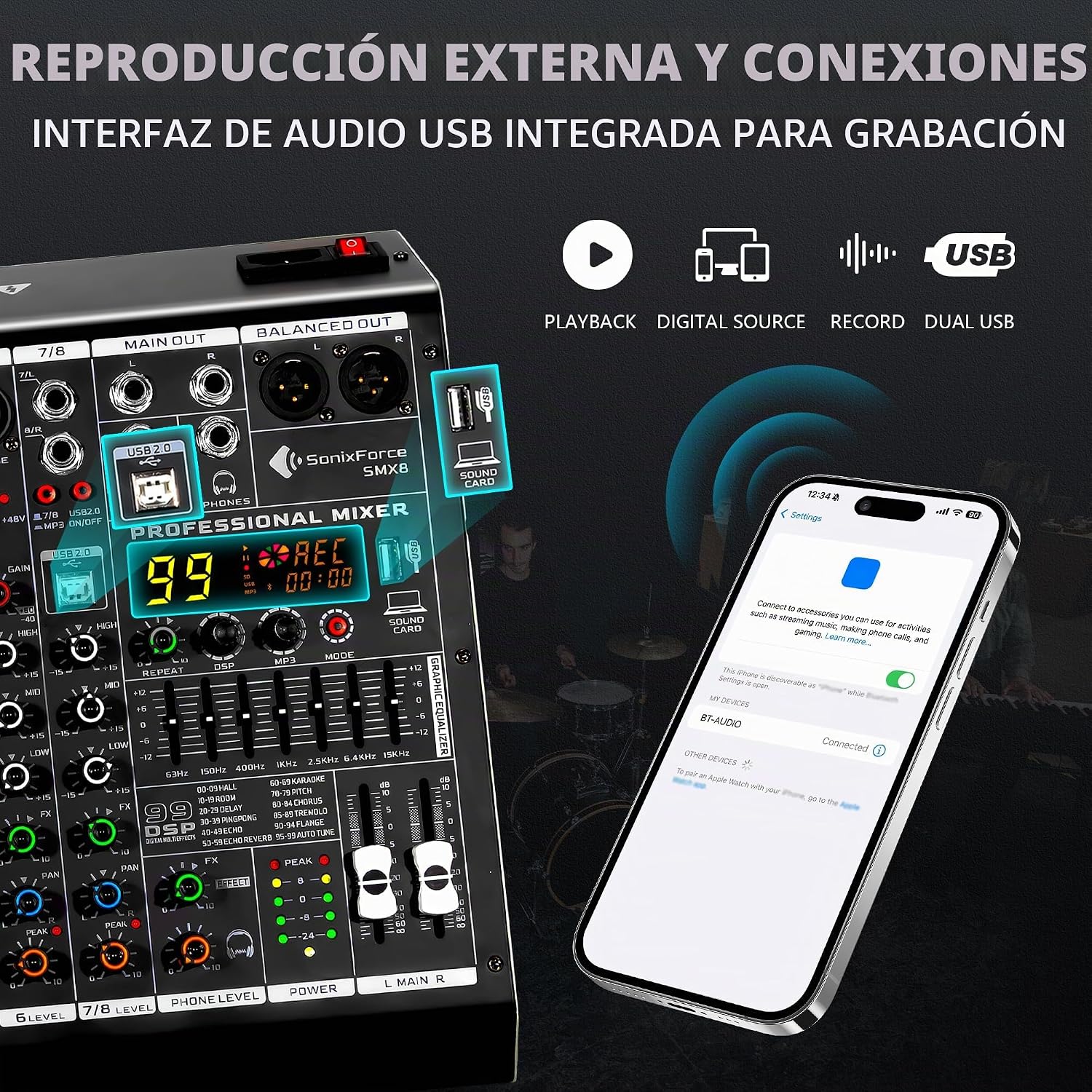 MEZCLADOR DE AUDIO 8 CANALES SONIXFORCE CON 99 EFECTOS DSP - 4