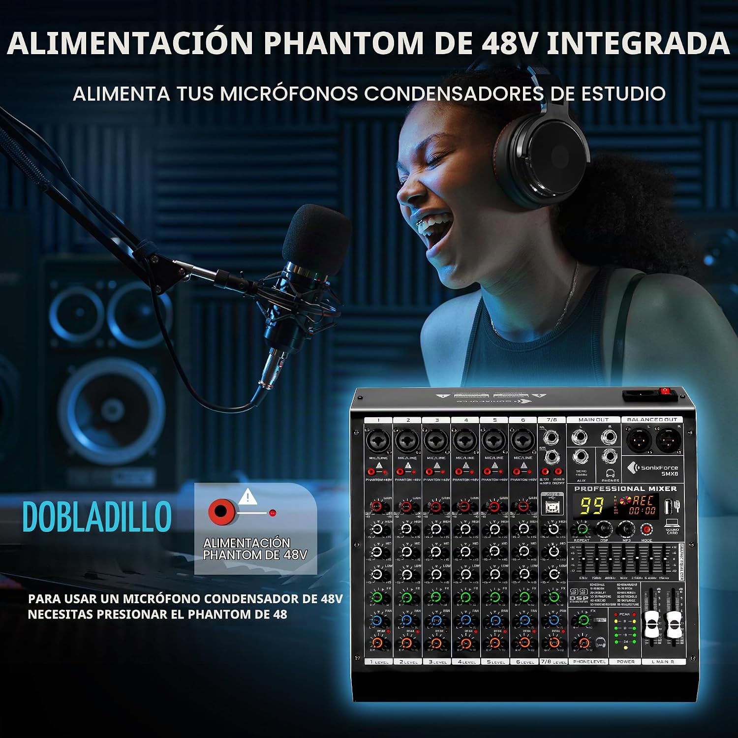 MEZCLADOR DE AUDIO 8 CANALES SONIXFORCE CON 99 EFECTOS DSP - 5