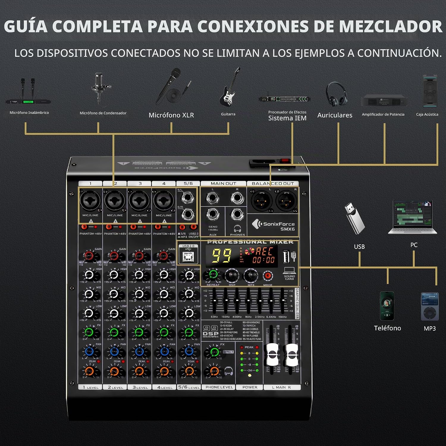 MEZCLADOR DE AUDIO DJ 6 CANALES SONIXFORCE PROFESIONAL - 3