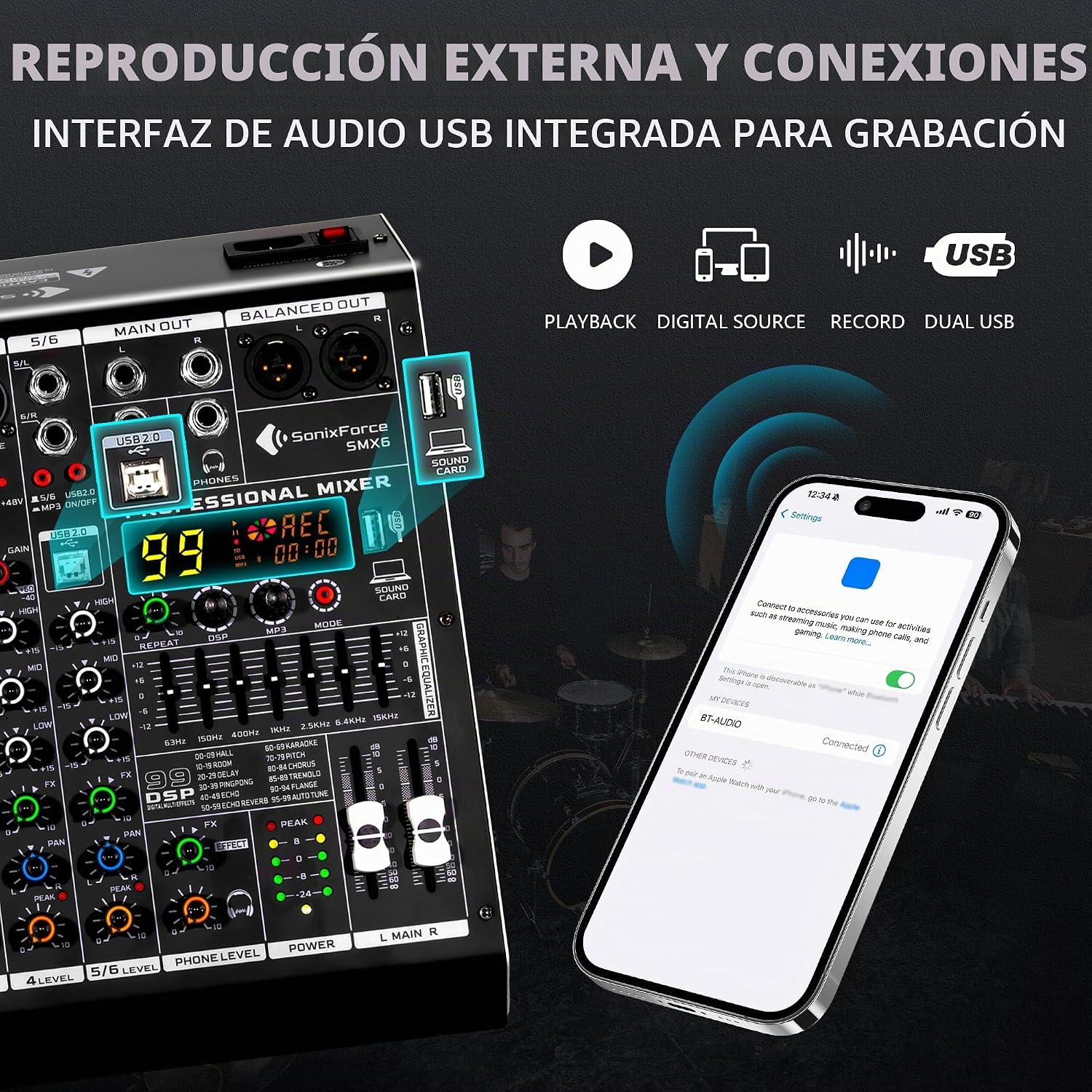 MEZCLADOR DE AUDIO DJ 6 CANALES SONIXFORCE PROFESIONAL - 4