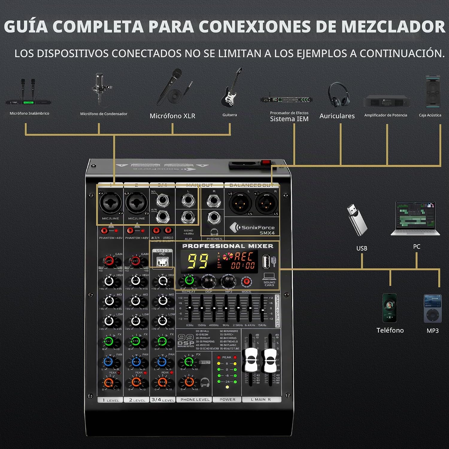 MEZCLADOR DE AUDIO 4 CANALES SONIXFORCE CON 99 EFECTOS DSP - 3