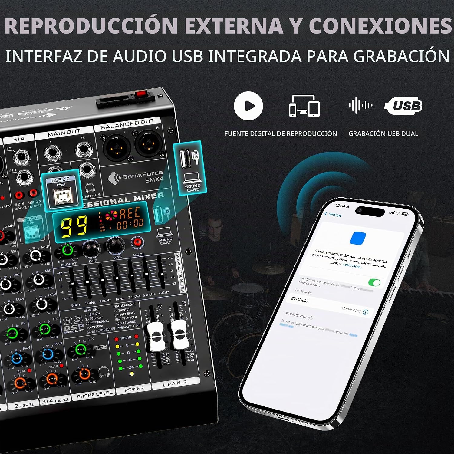 MEZCLADOR DE AUDIO 4 CANALES SONIXFORCE CON 99 EFECTOS DSP - 4