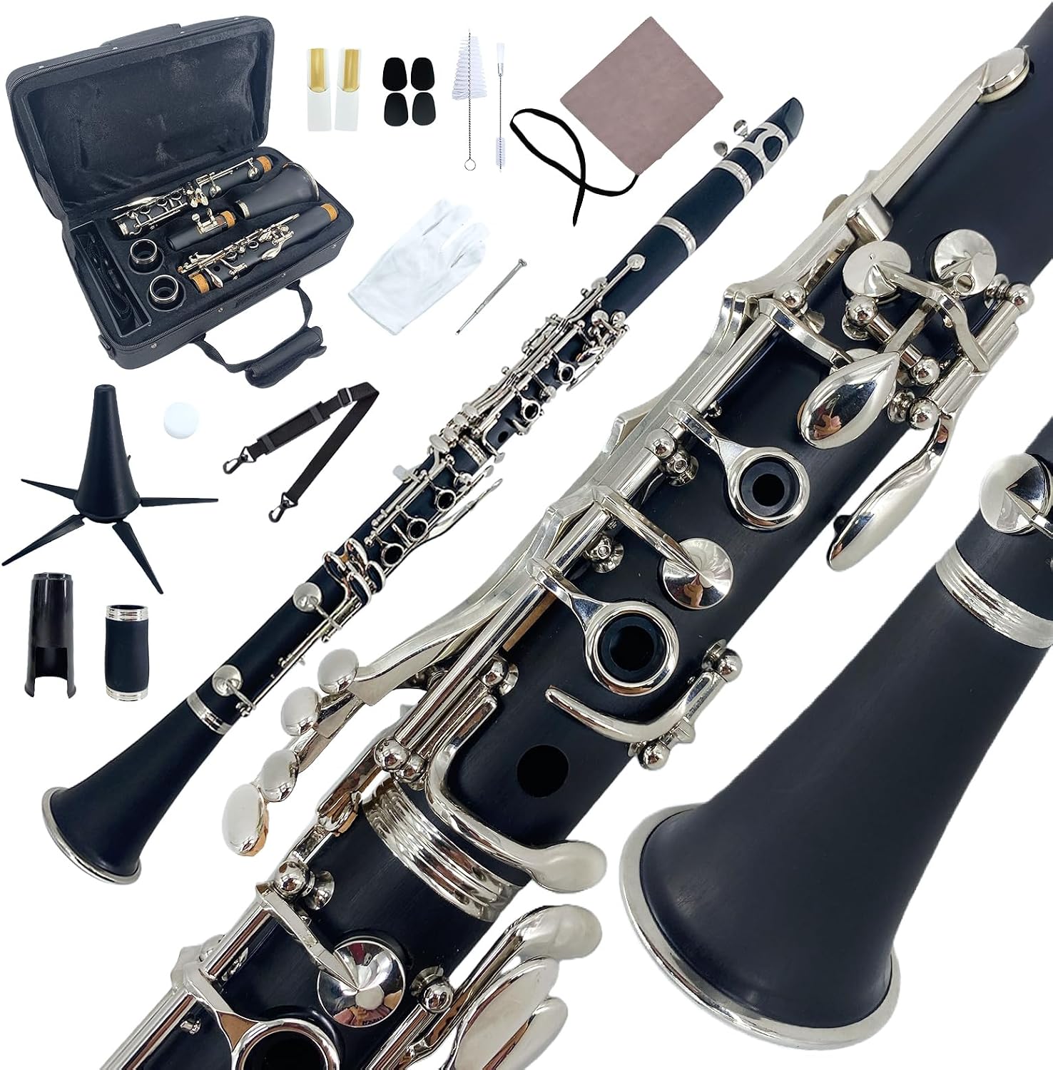 CLARINETE BB YOUNGMONIC CUERPO DE ÉBANO NEGRO CON LLAVES NIQUELADAS KIT COMPLETO PARA PRINCIPIANTES - 1