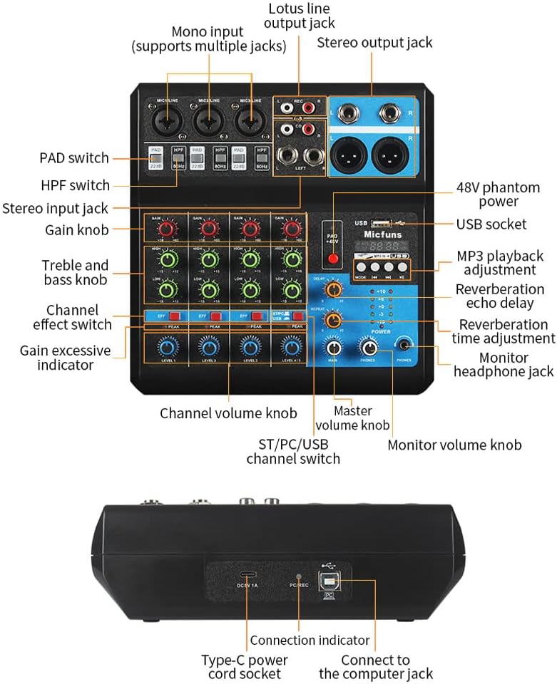 MEZCLADOR DJ DE AUDIO MINI 5 CANALES CON BLUETOOTH Y ALIMENTACIÓN USB - 4