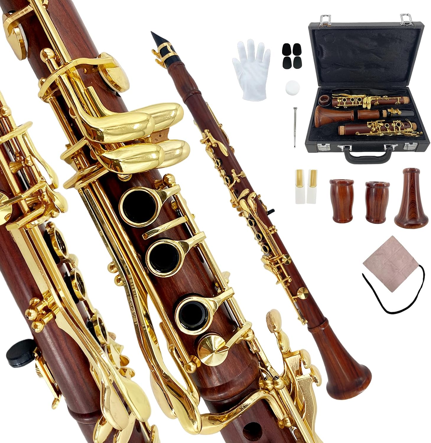 CLARINETE BB YOUNGMONIC CUERPO DE PALISANDRO LLAVES DORADAS SET INICIANTE CON ESTUCHE - 1
