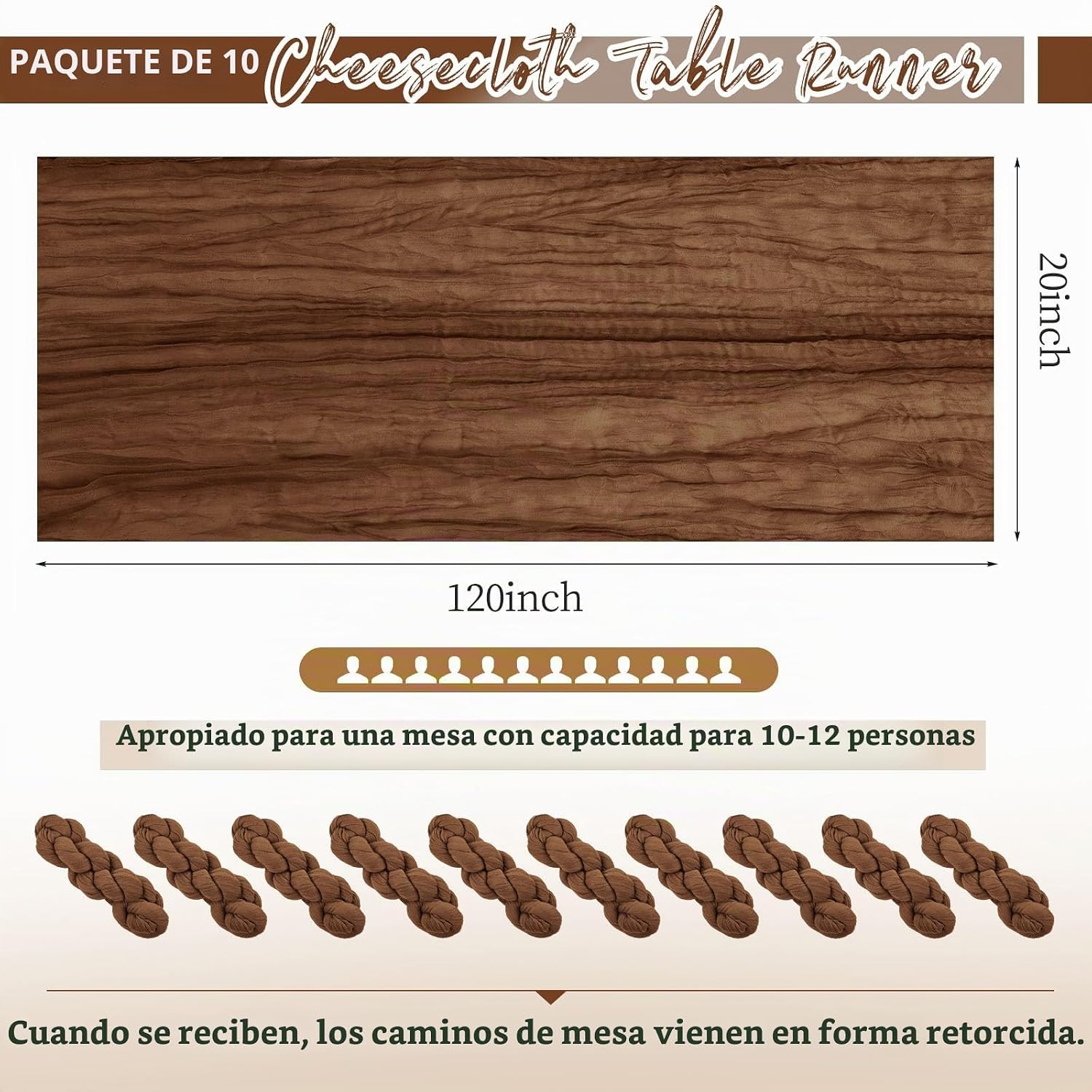 CAMINO DE MESA CHEESECLOTH MARRÓN 10 PIEZAS 20 X 120 PULGADAS - 2
