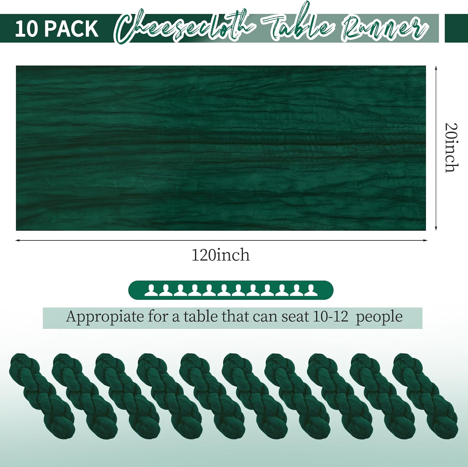 CAMINO DE MESA CHEESECLOTH VERDE ESMERALDA 10 PIEZAS 20 X 120 PULGADAS - 2