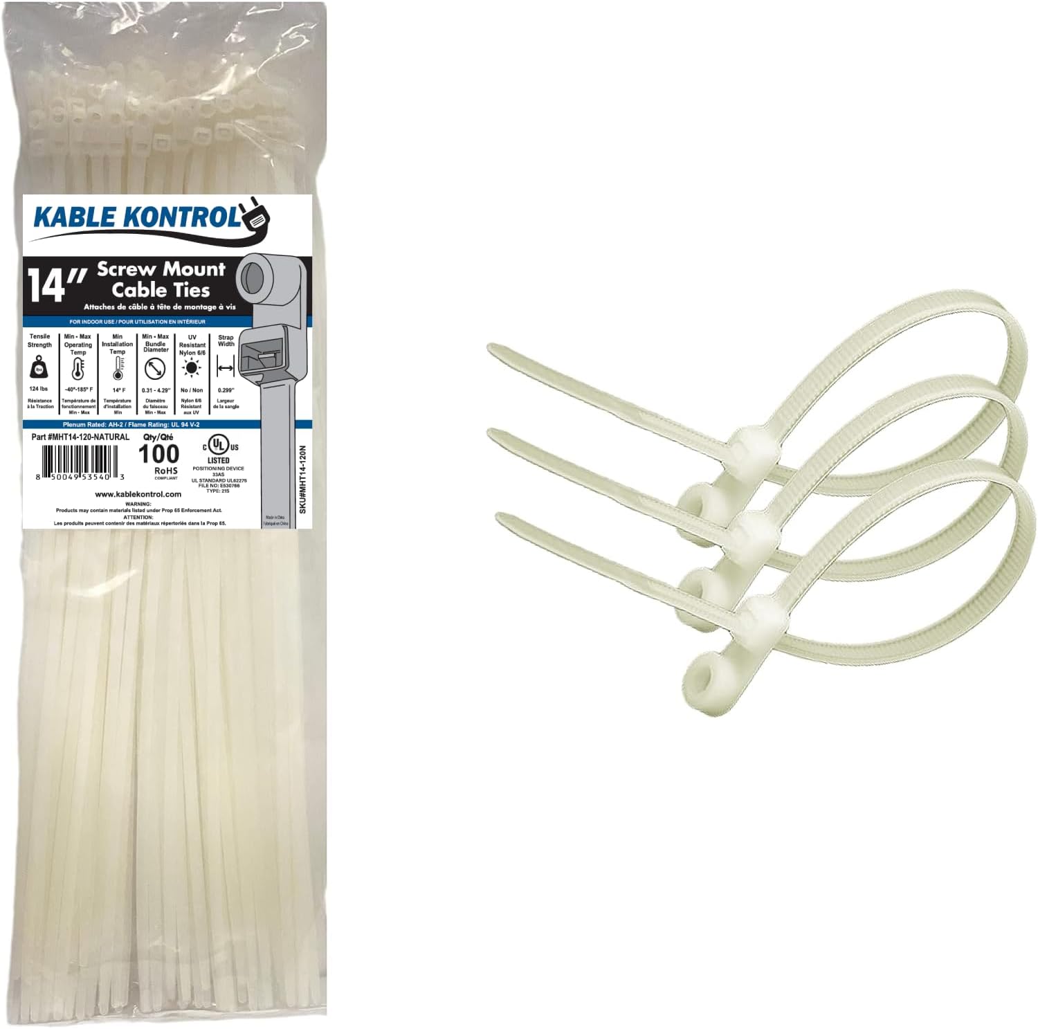 AMARRACABLES CON AGUJERO DE TORNILLO KABLE KONTROL 14 PULGADAS 100 PIEZAS BLANCO NATURAL 120 LBS - 1