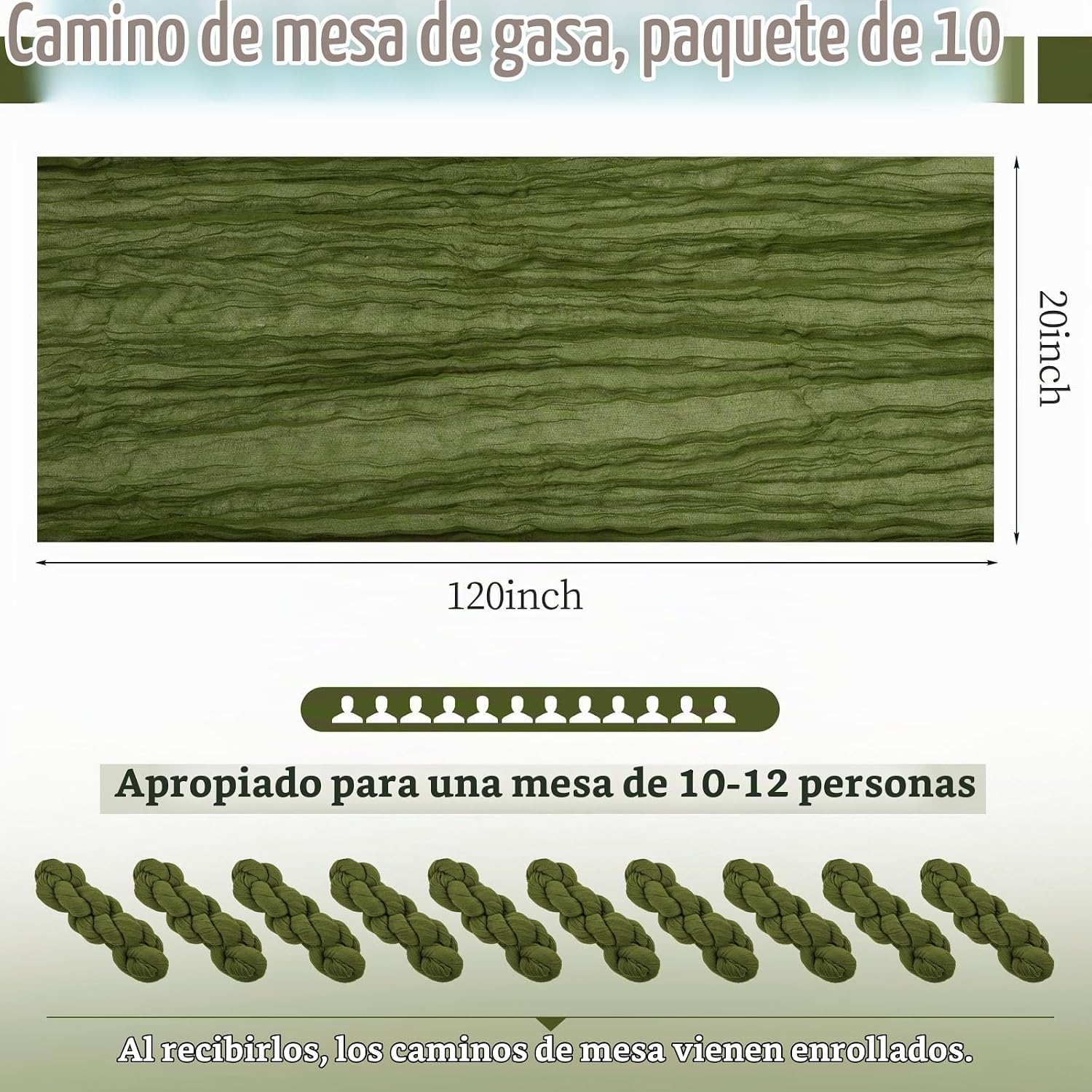 CAMINO DE MESA CHEESECLOTH VERDE ACEITUNA 10 PIEZAS 20 X 120 PULGADAS - 2