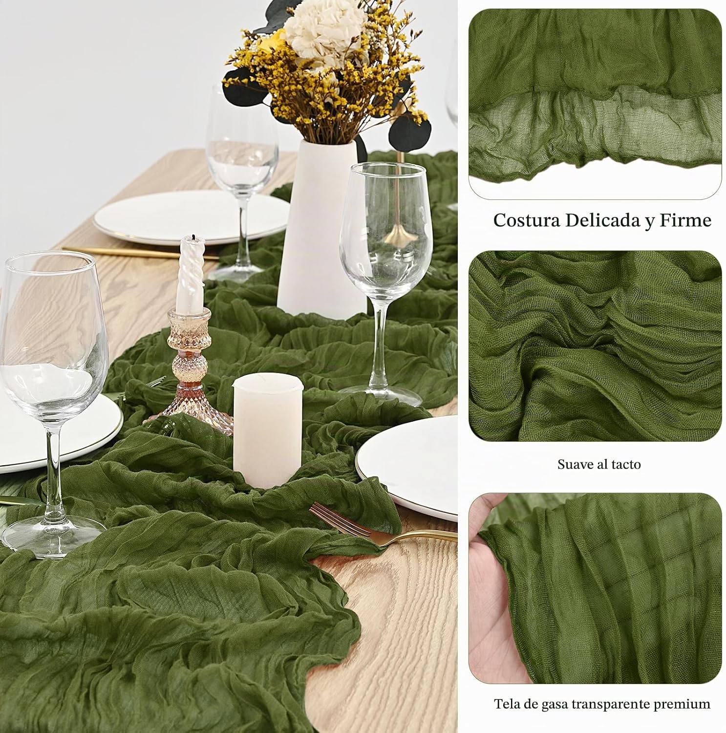 CAMINO DE MESA CHEESECLOTH VERDE ACEITUNA 10 PIEZAS 20 X 120 PULGADAS - 3