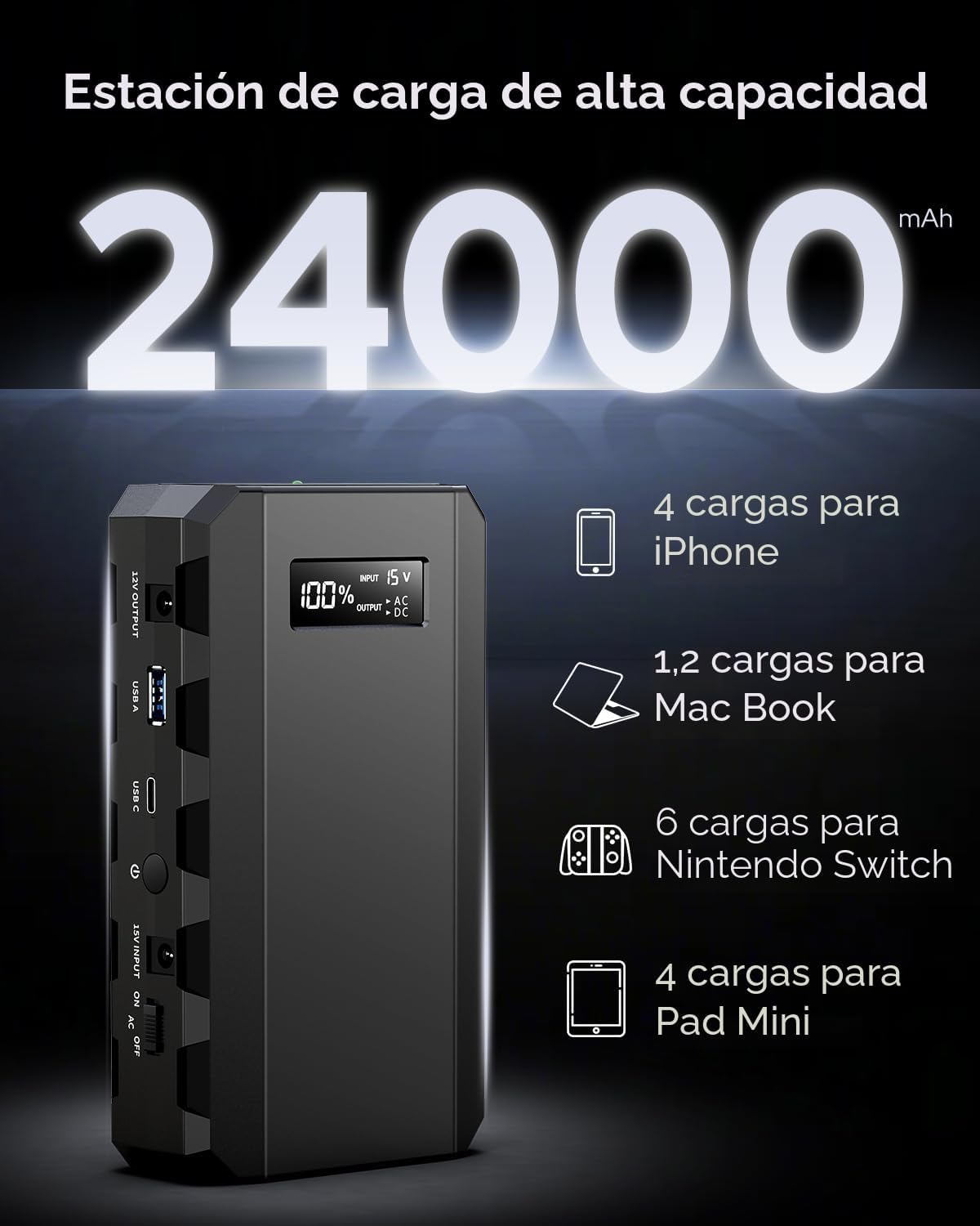 BATERÍA EXTERNA APOWKING 88.8WH CON SALIDA AC 65W - 2