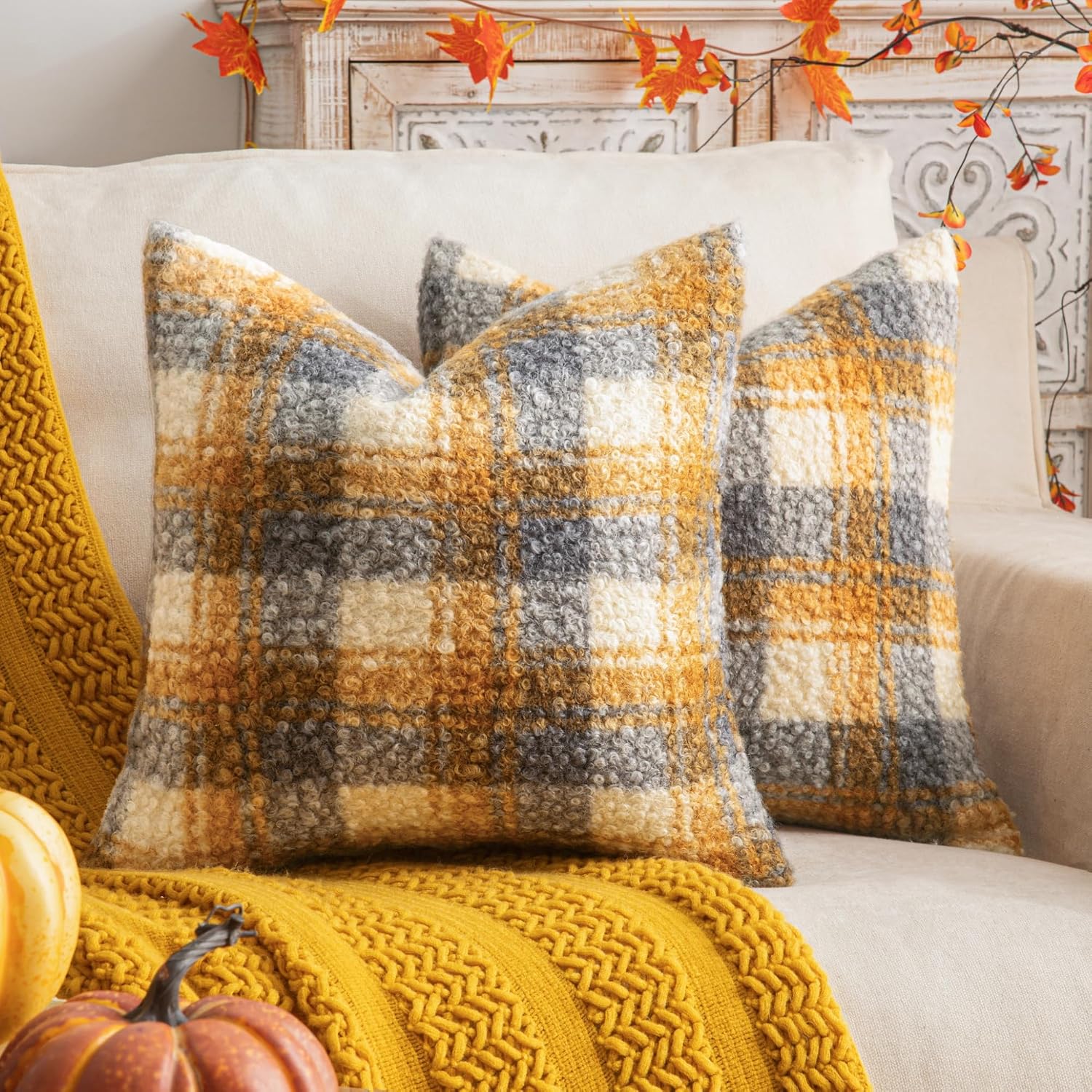 FUNDA DE COJÍN AQOTHES CUADRADA TARTÁN OTOÑO AMARILLO AZUL 18X18 PULGADAS SET DE 2 - 1