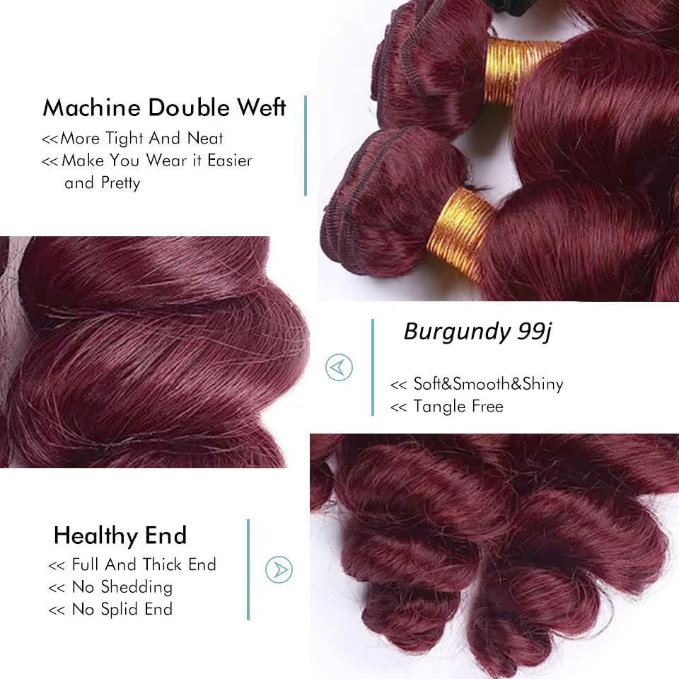 EXTENSIONES DE CABELLO HUMANO LAKAISA ONDAS SUELTAS #99J BORGOÑA 3 PAQUETES 12 PULGADAS - 3