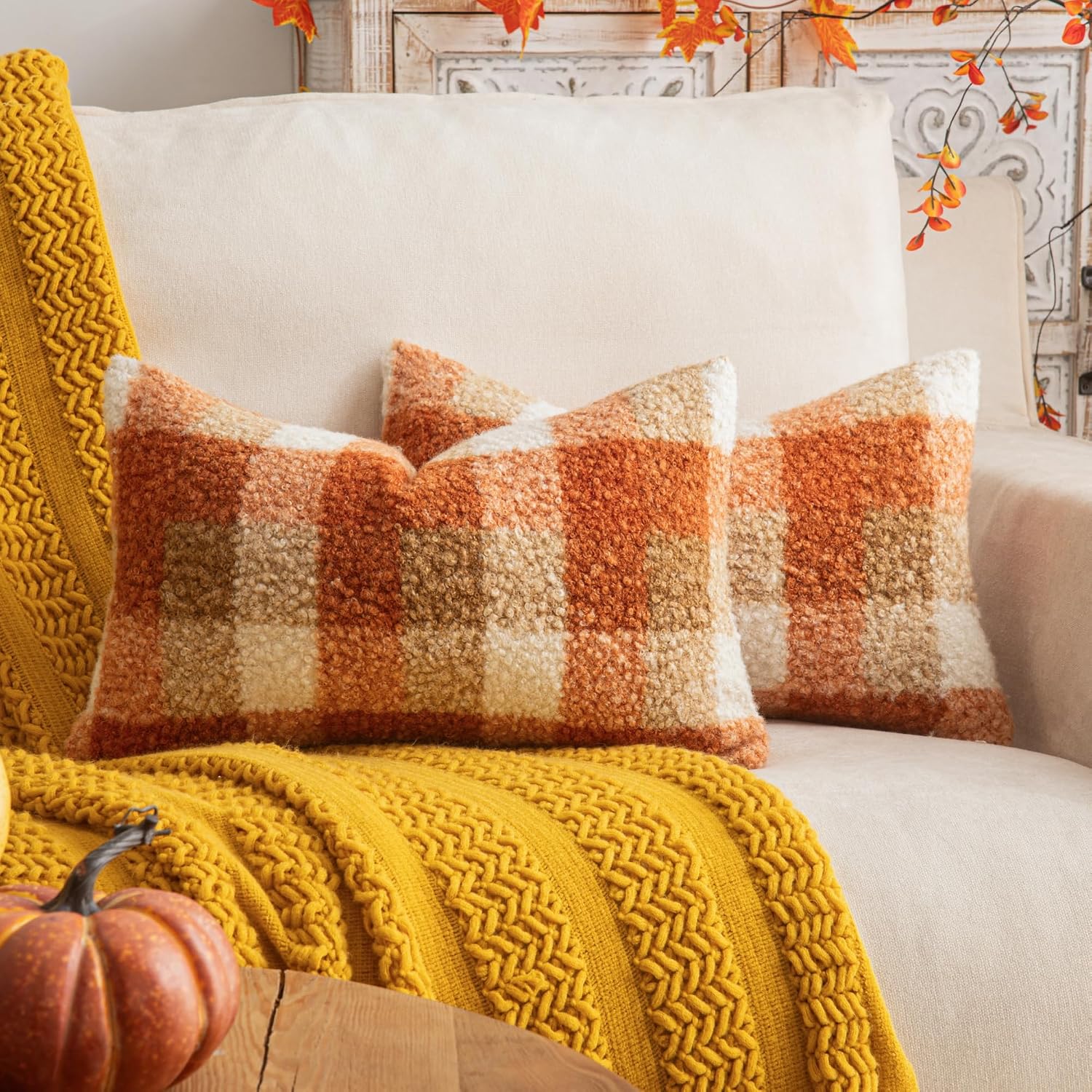 FUNDA DE COJÍN AQOTHES PLAID FALL NARANJA 12X20 PULGADAS SET DE 2 - 1