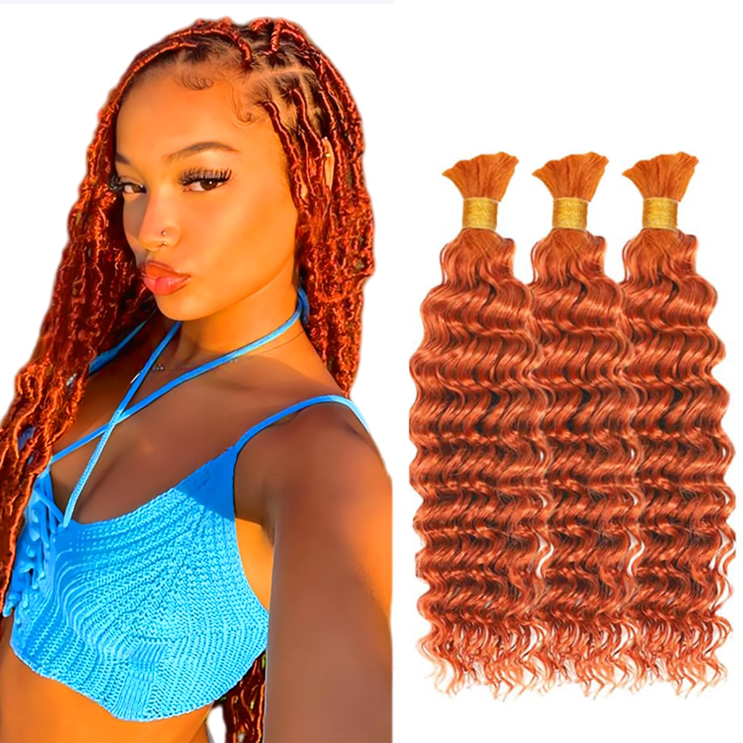 CABELLO PARA TRENZAS LAKAISA 350 GINGER ORANGE DEEP WAVE 20 PULGADAS 150G 3 PAQUETES - 1