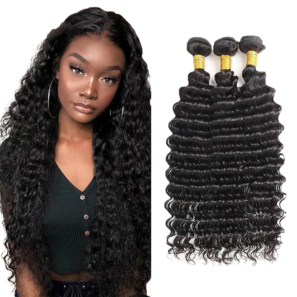 EXTENSIONES DE CABELLO HUMANO LAKAISA ONDAS PROFUNDAS NEGRO NATURAL 3 PAQUETES 16 18 20 PULGADAS - 1
