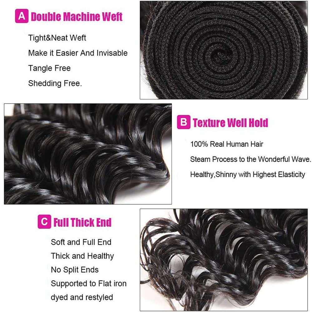 EXTENSIONES DE CABELLO HUMANO LAKAISA ONDAS PROFUNDAS NEGRO NATURAL 3 PAQUETES 16 18 20 PULGADAS - 2