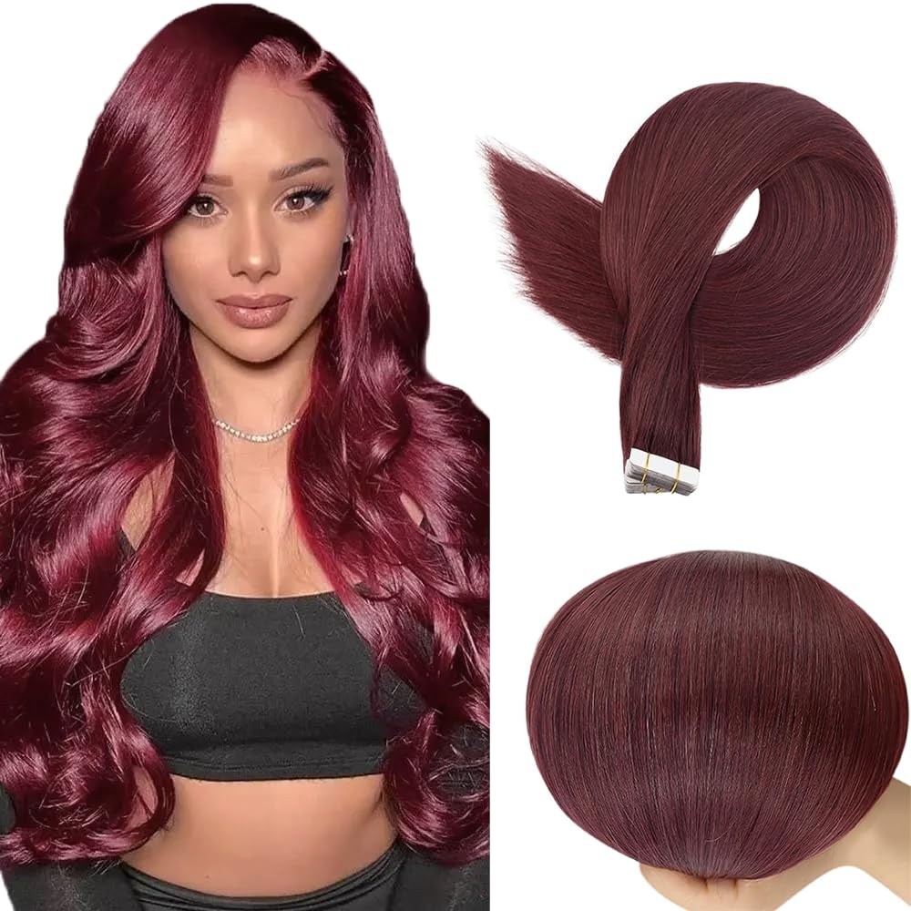 EXTENSIONES DE CABELLO TAPE IN LAKAISA 24 PULGADAS COLOR BURDEO CABELLO HUMANO REMY 40G 10 PIEZAS - 1